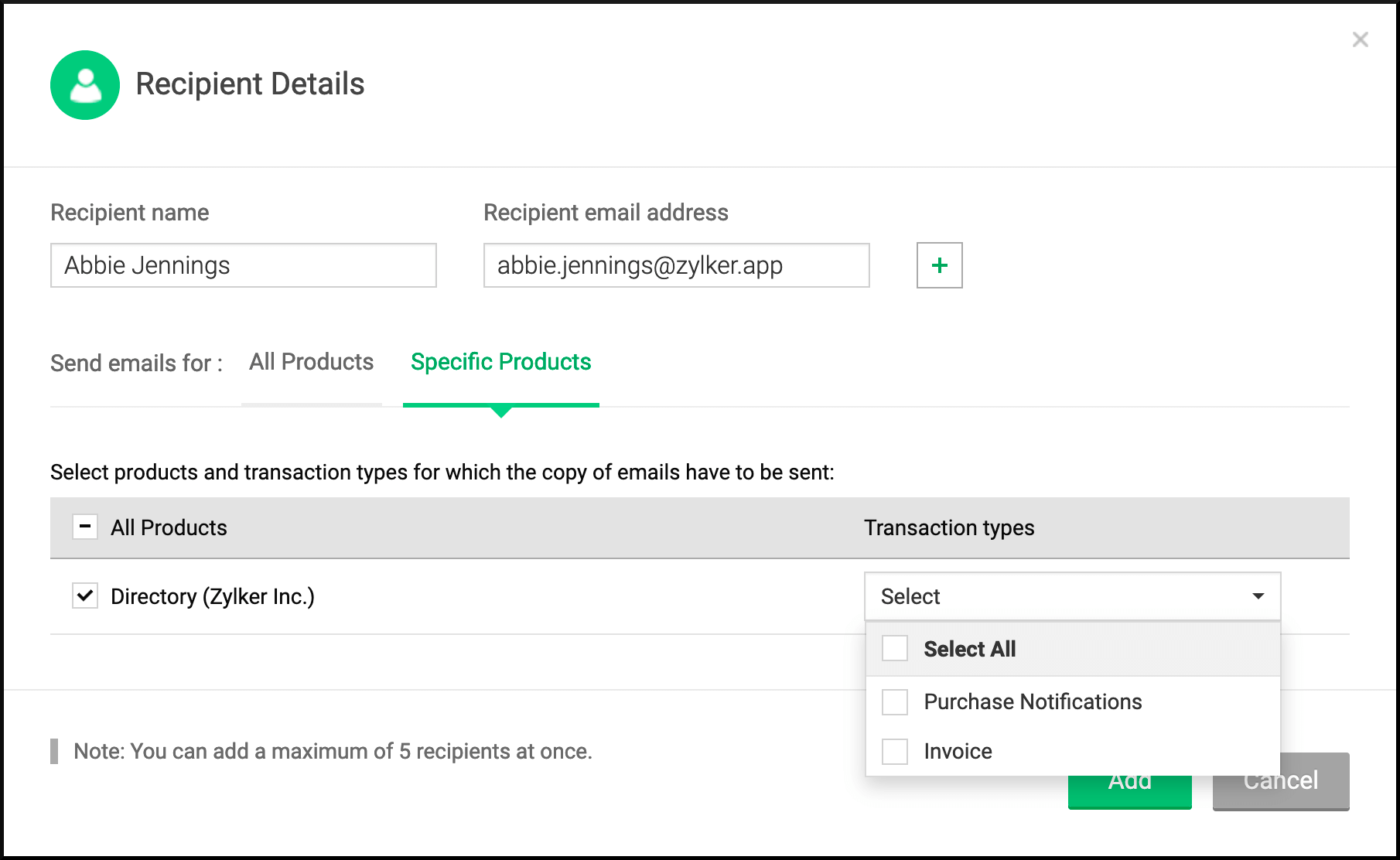 The add recipients screen