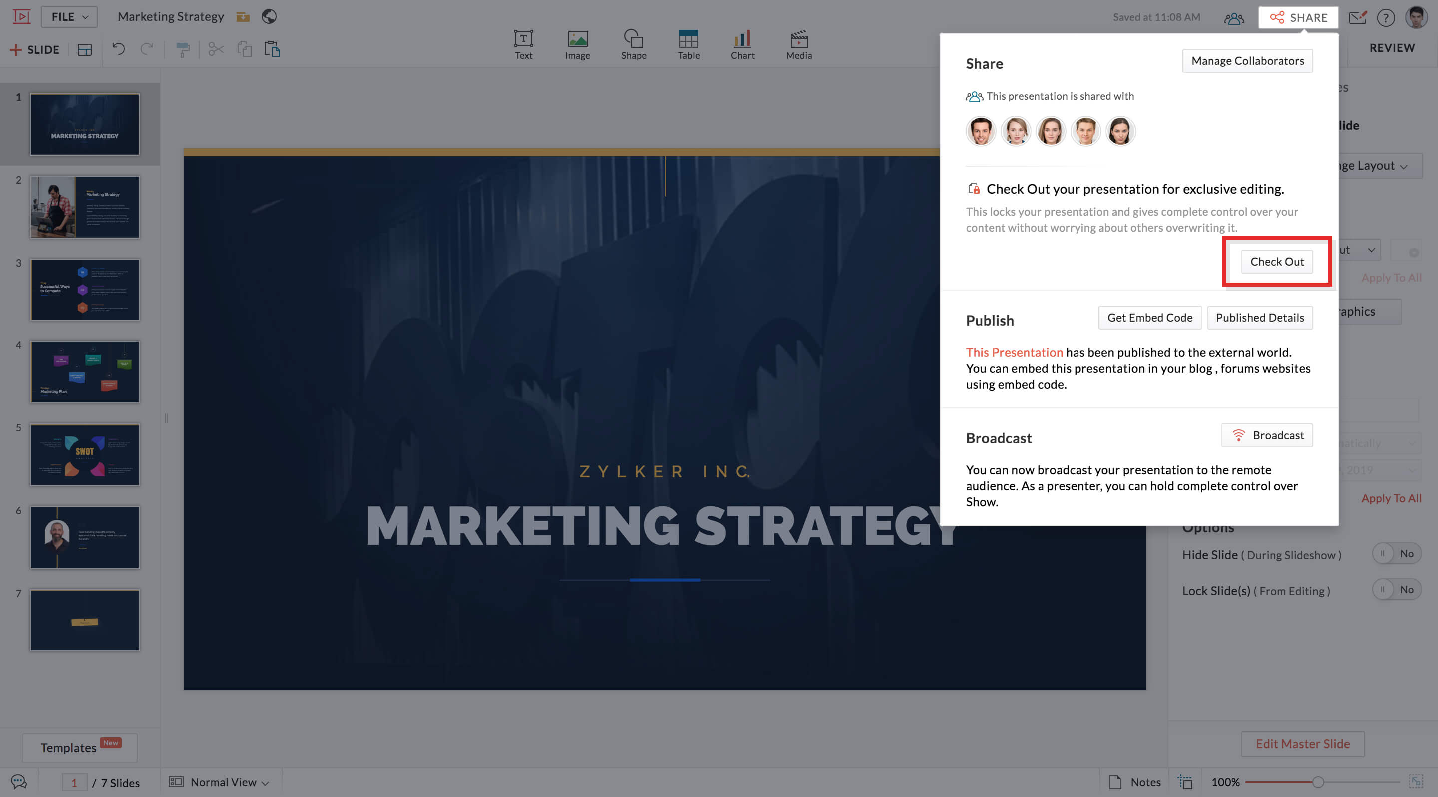 Checkout a presentation for exclusive editing in Zoho Show.