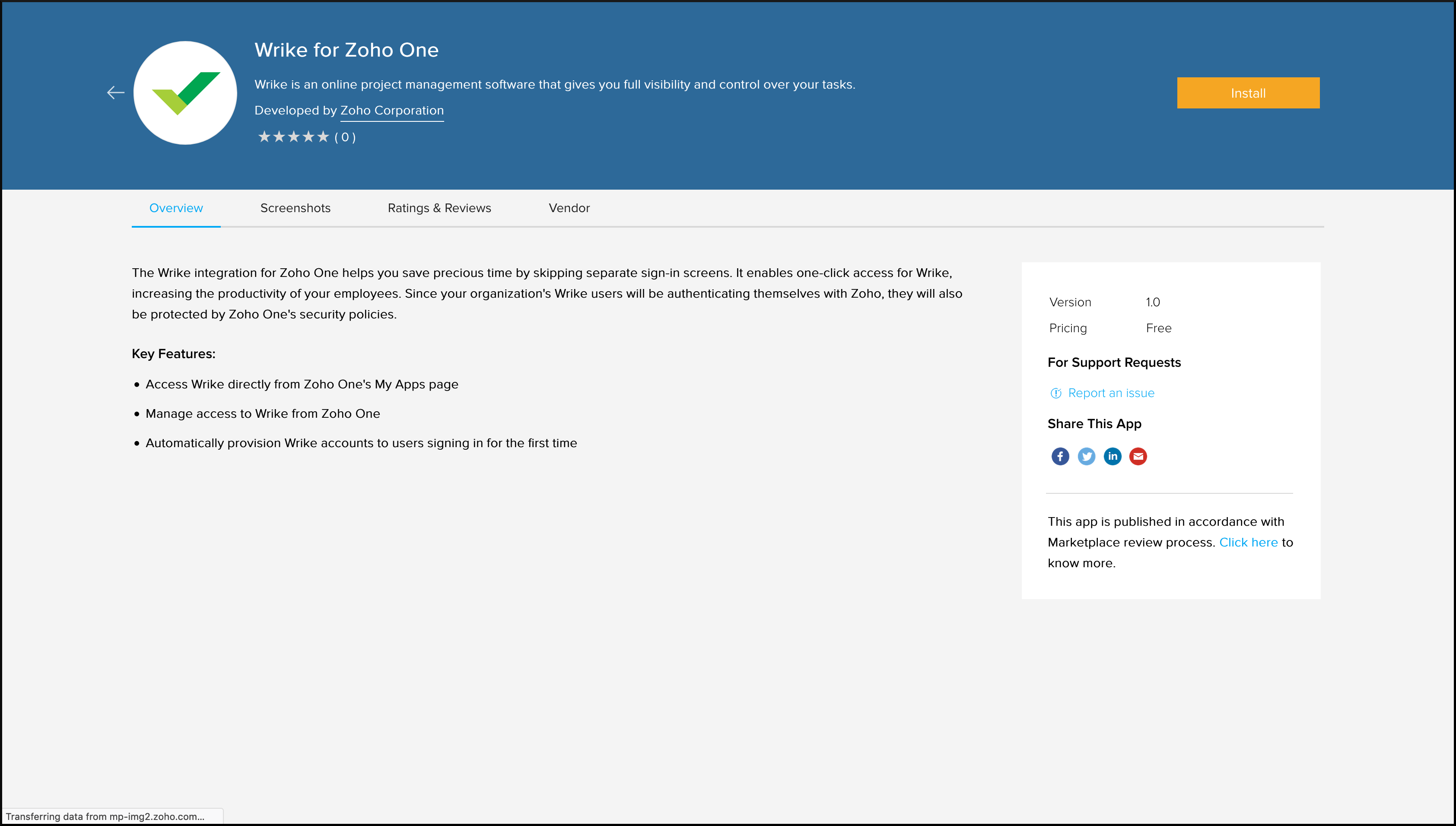 Wrike installation page in Zoho Marketplace