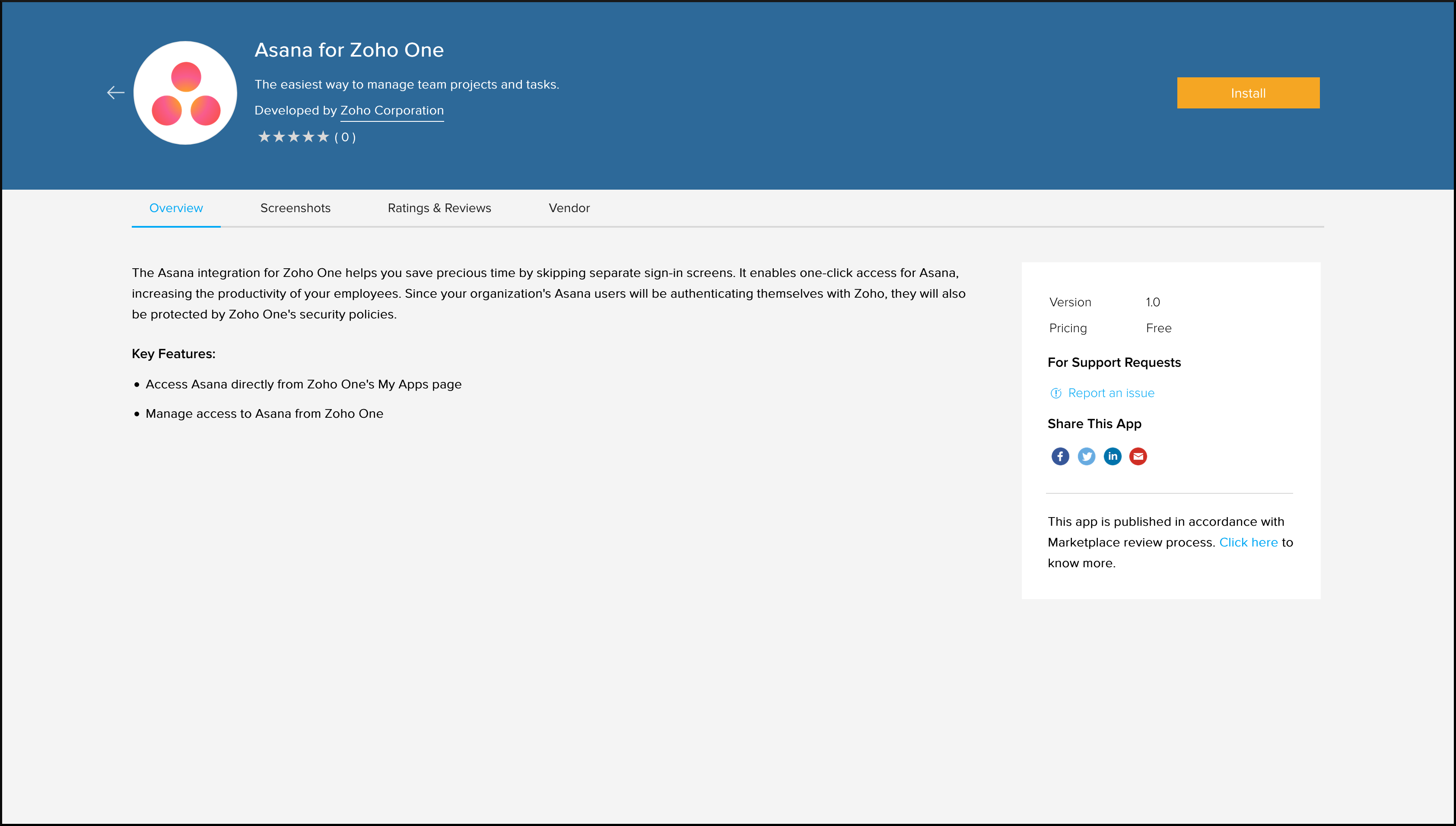 Asana installation page in Zoho Marketplace