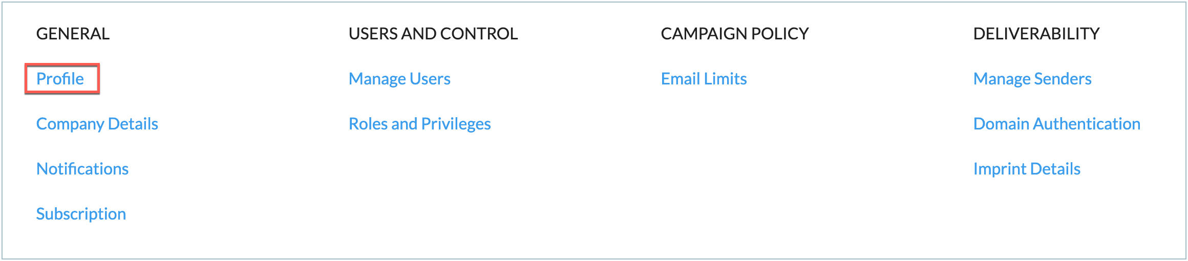 settings landing page