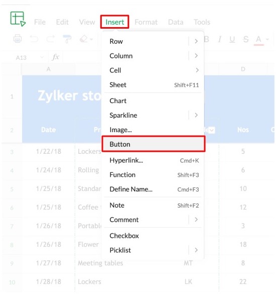 Insert button in a spreadsheet