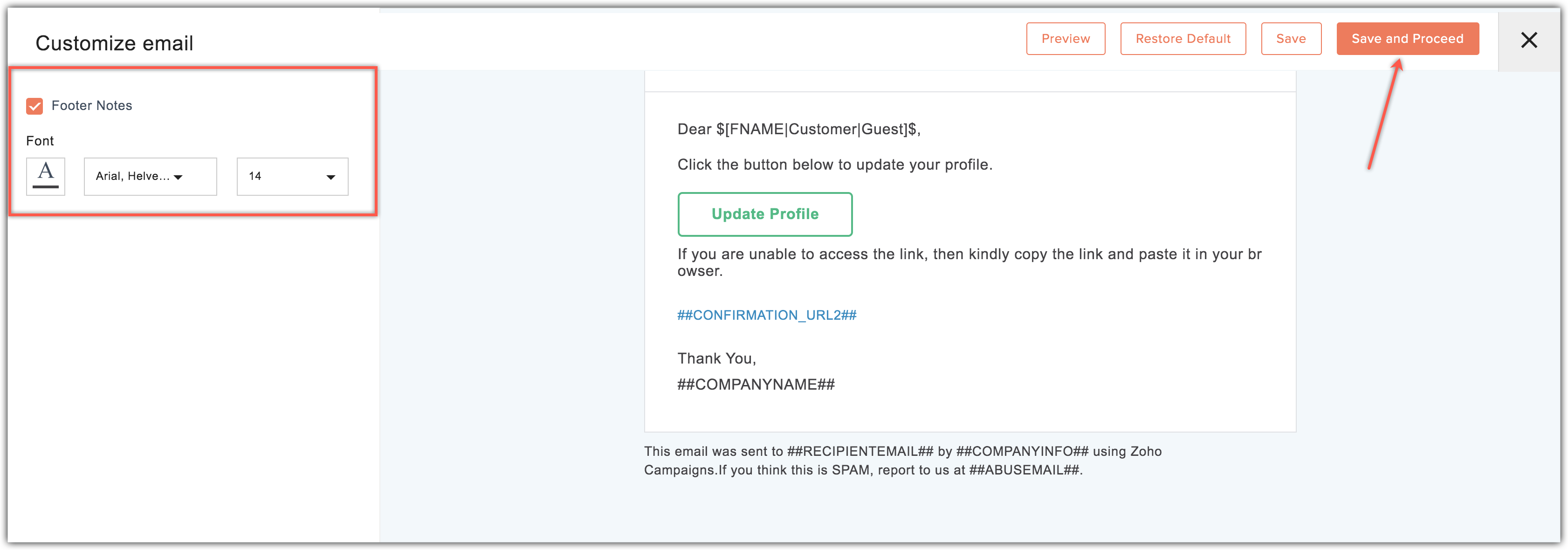 customize email footer notes