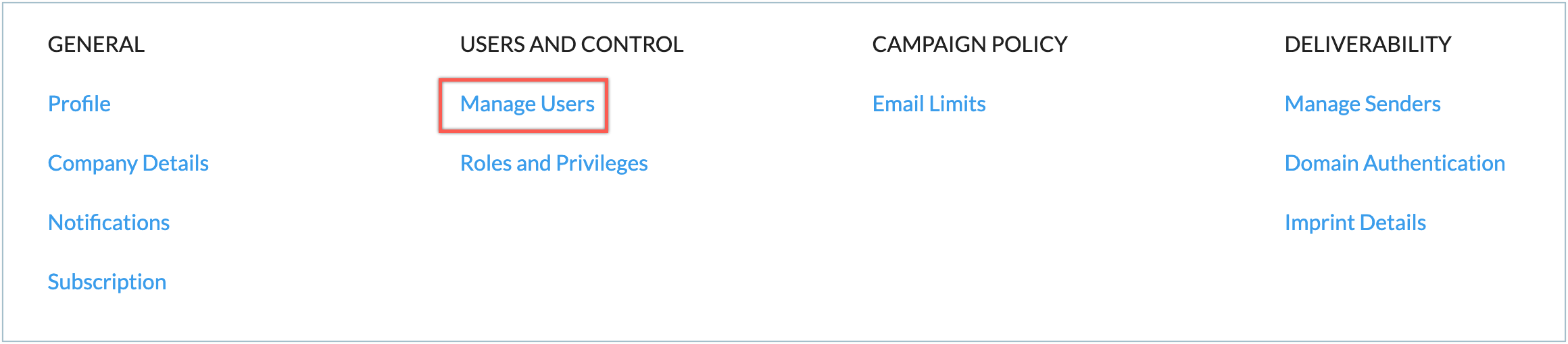 settings landing page
