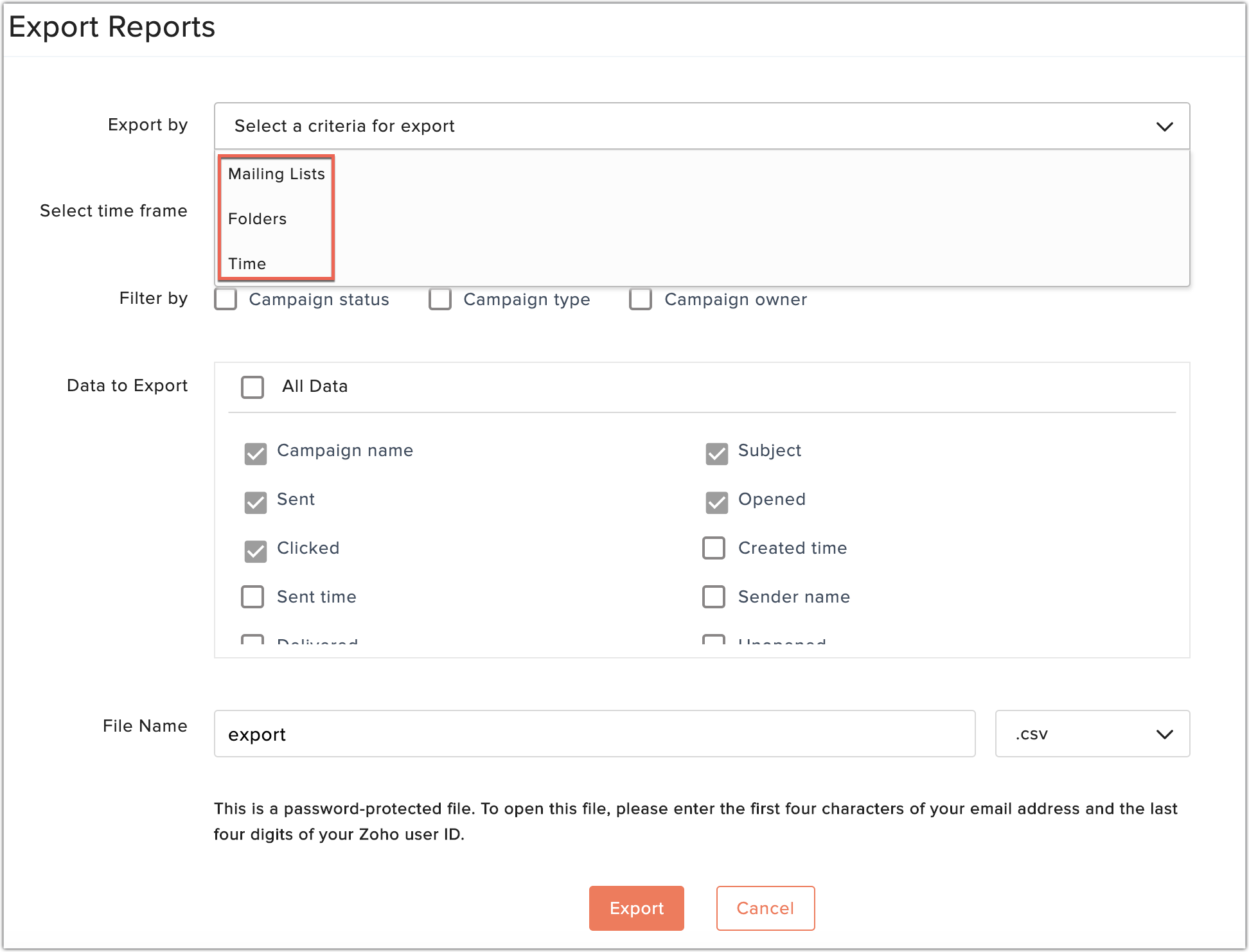 export by criteria