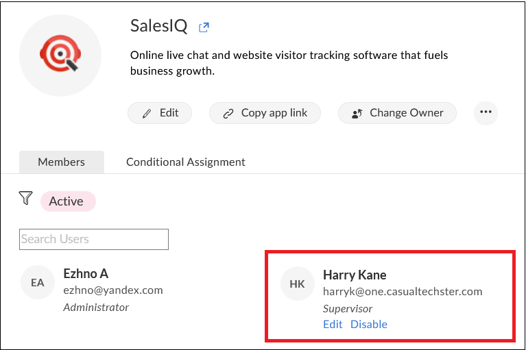 Edit application settings of a user