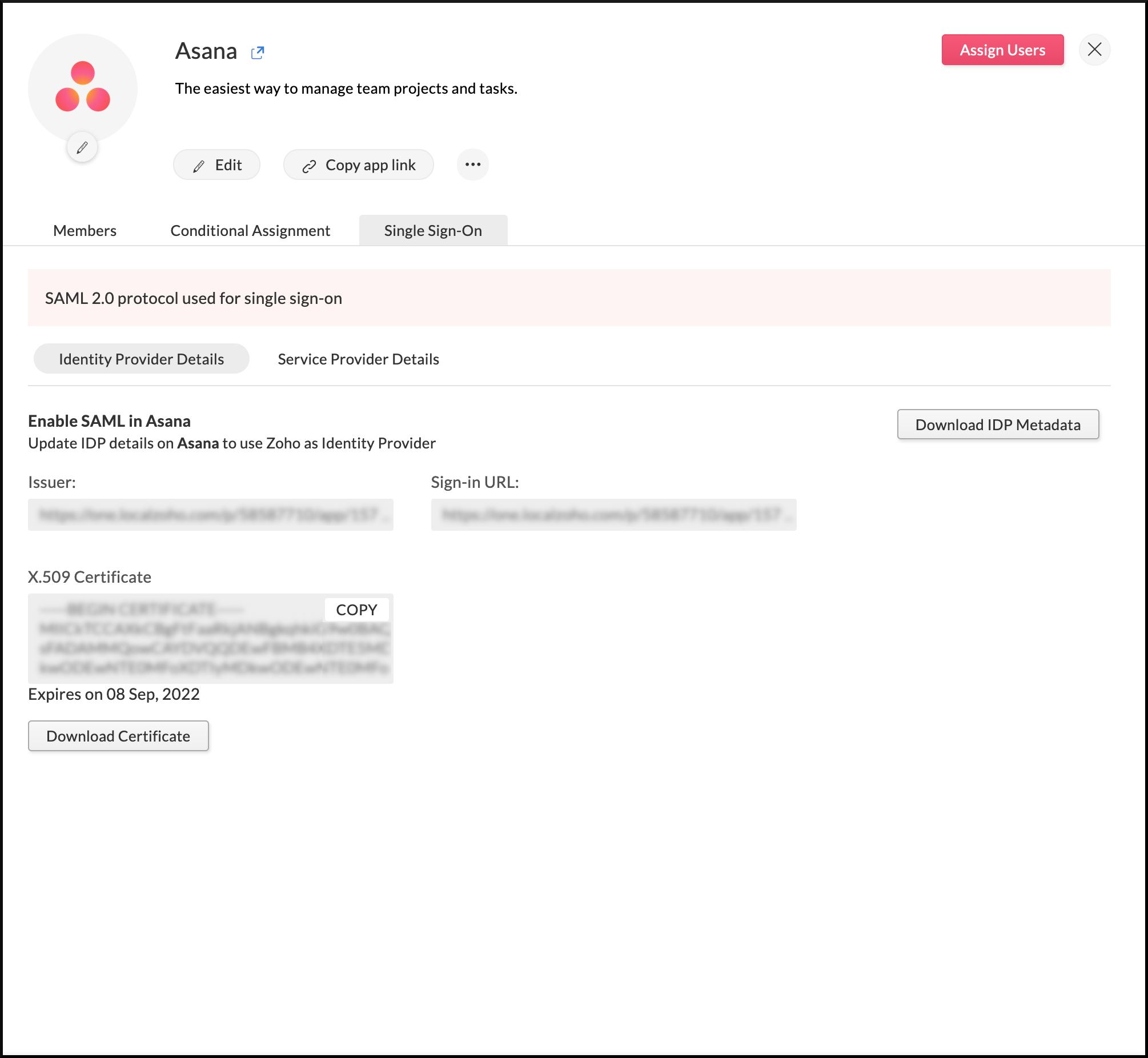 Identity provider details needed to configure SAML at Asana
