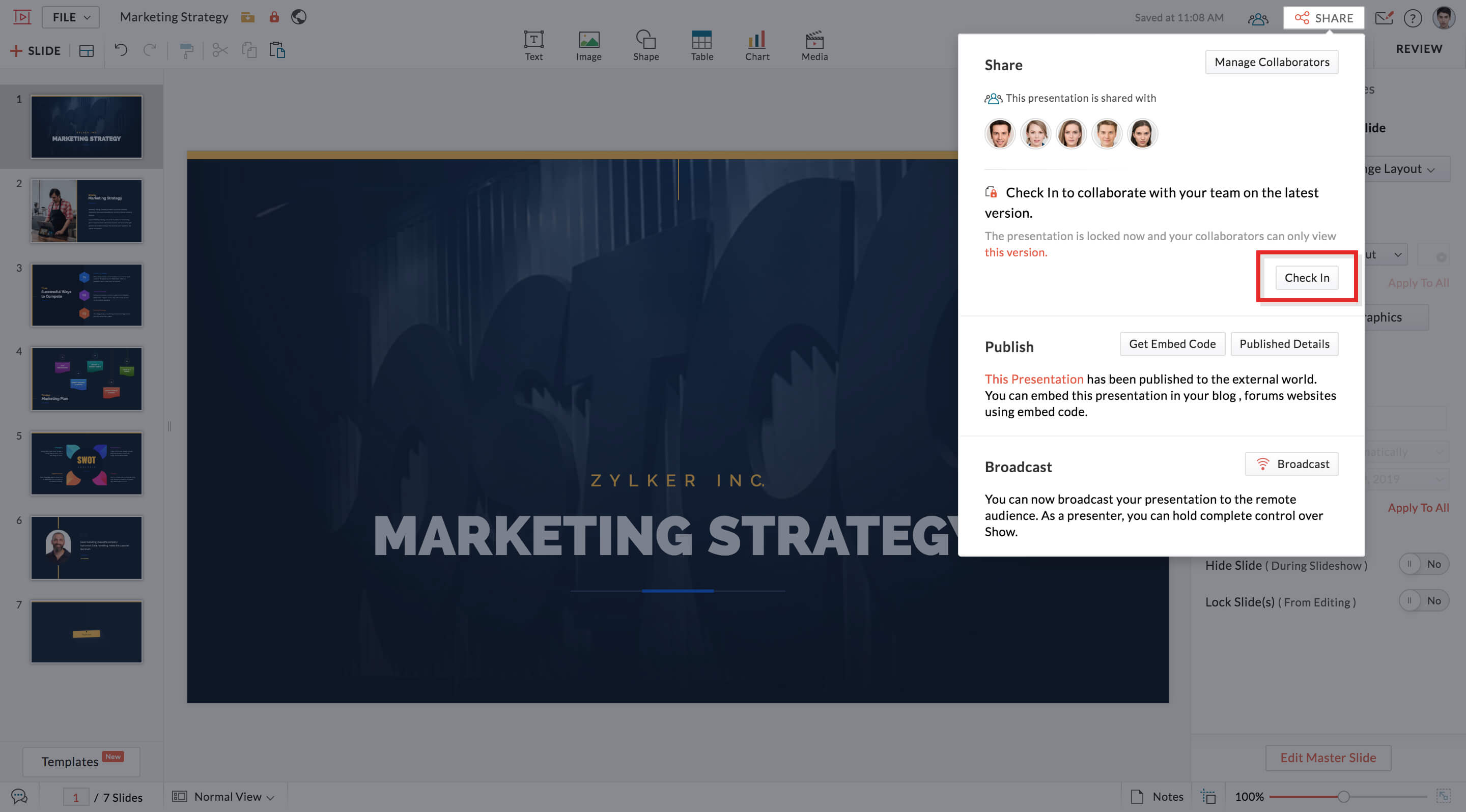 Checkin a presentation with your team in Zoho Show.