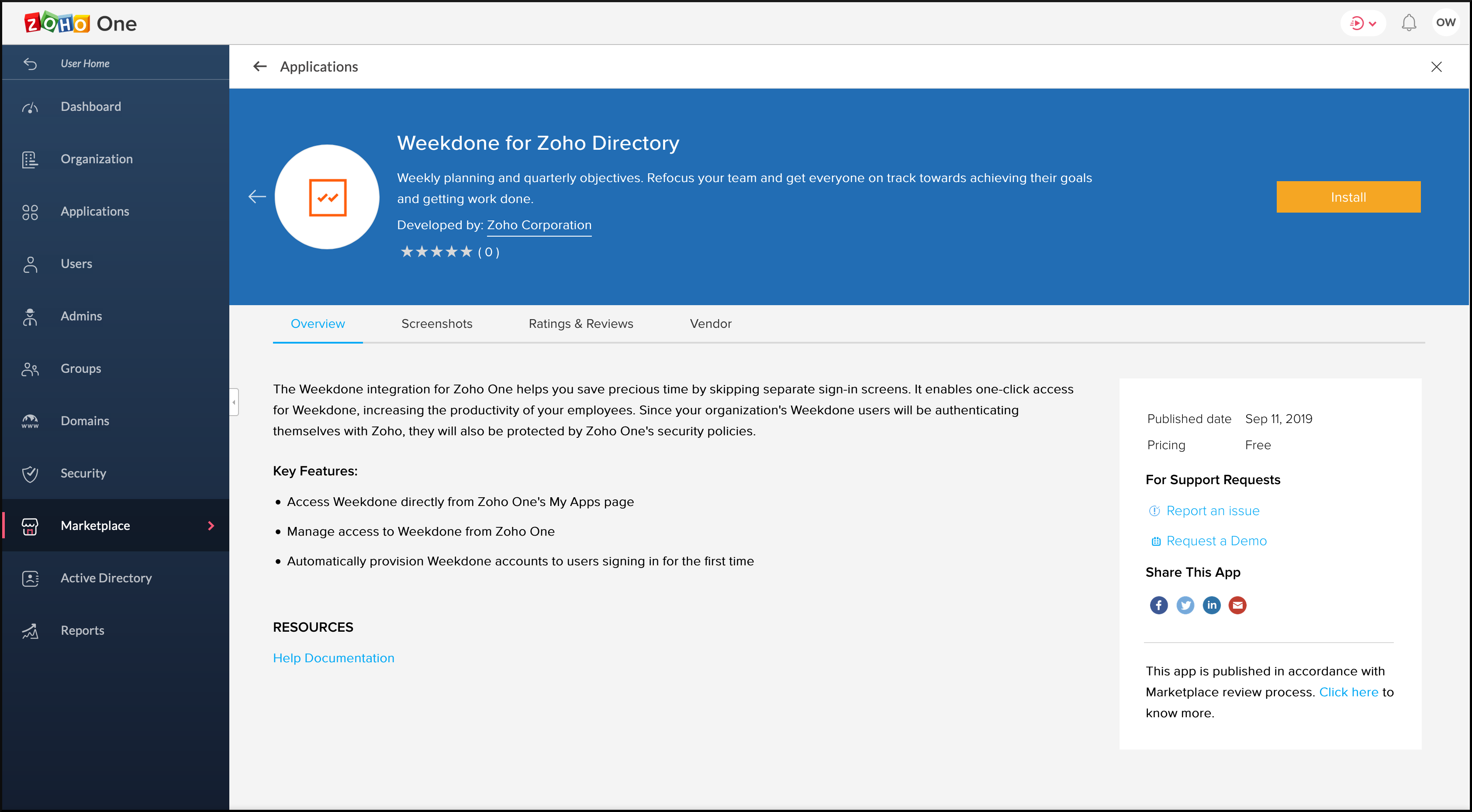 マーケットプレイスのWeekdone for Zoho Directoryのインストールページ