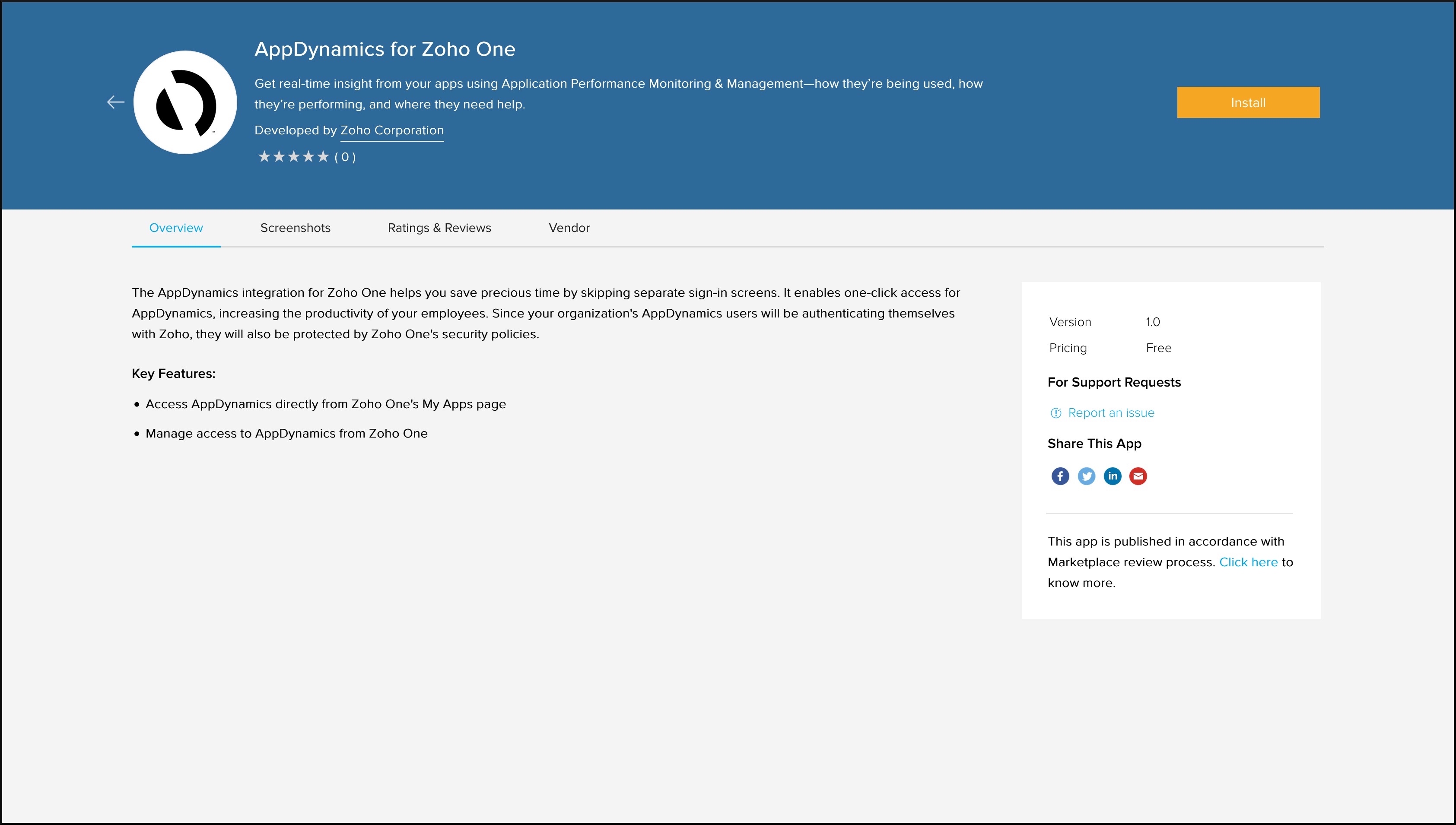 Zoho MarketplaceでのAppDynamicsのインストールページ