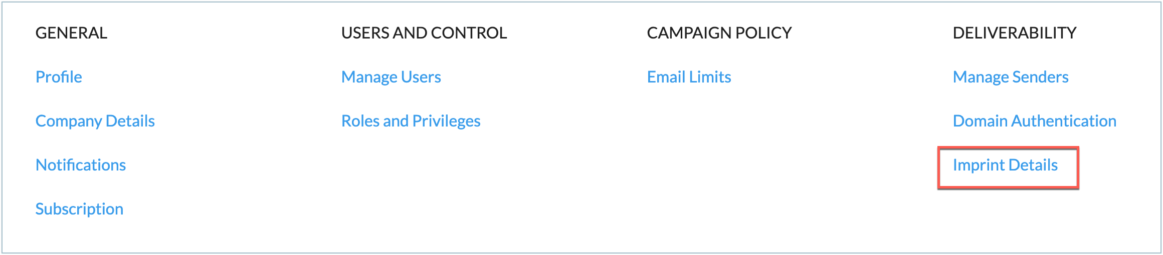 settings landing page
