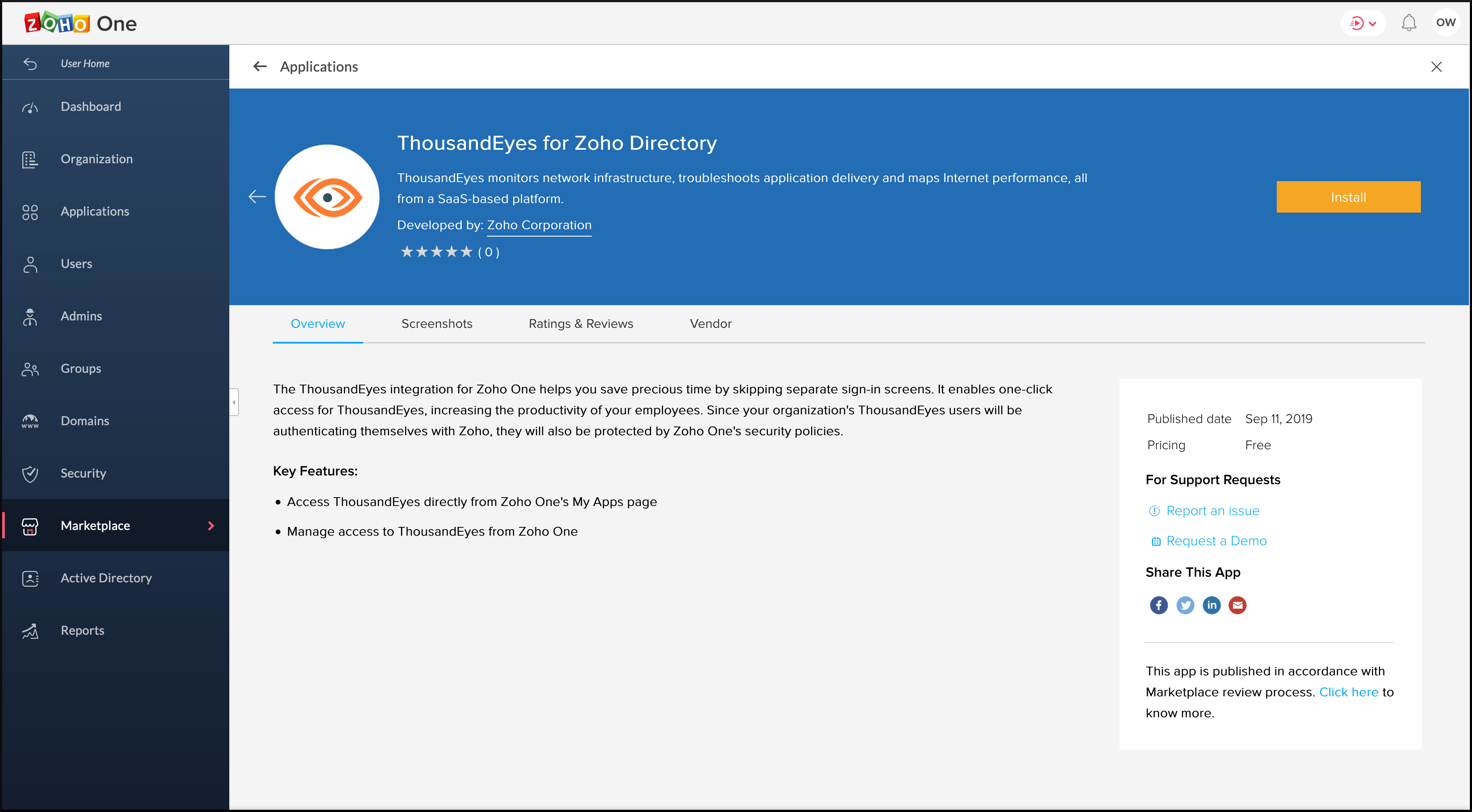 マーケットプレイスのThousandEyes for Zoho Directoryのインストールページ