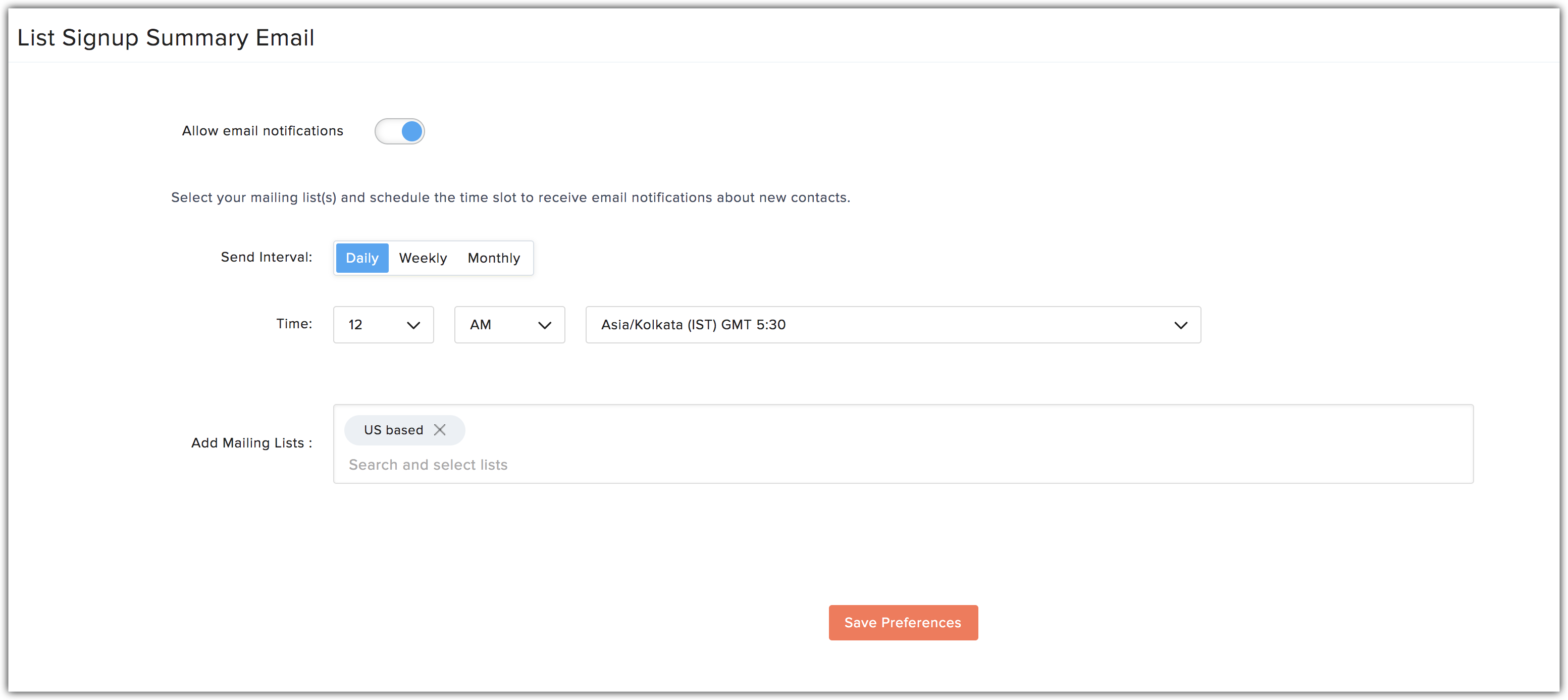 list signup preferences