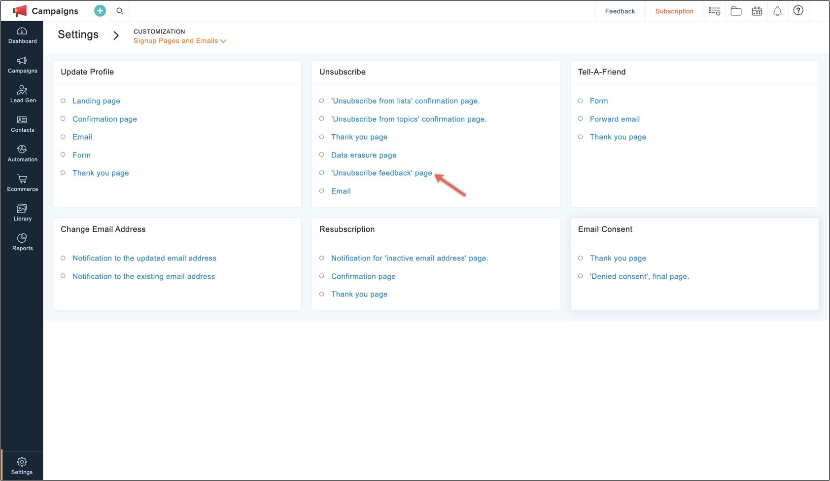 unsubscribe feedback page
