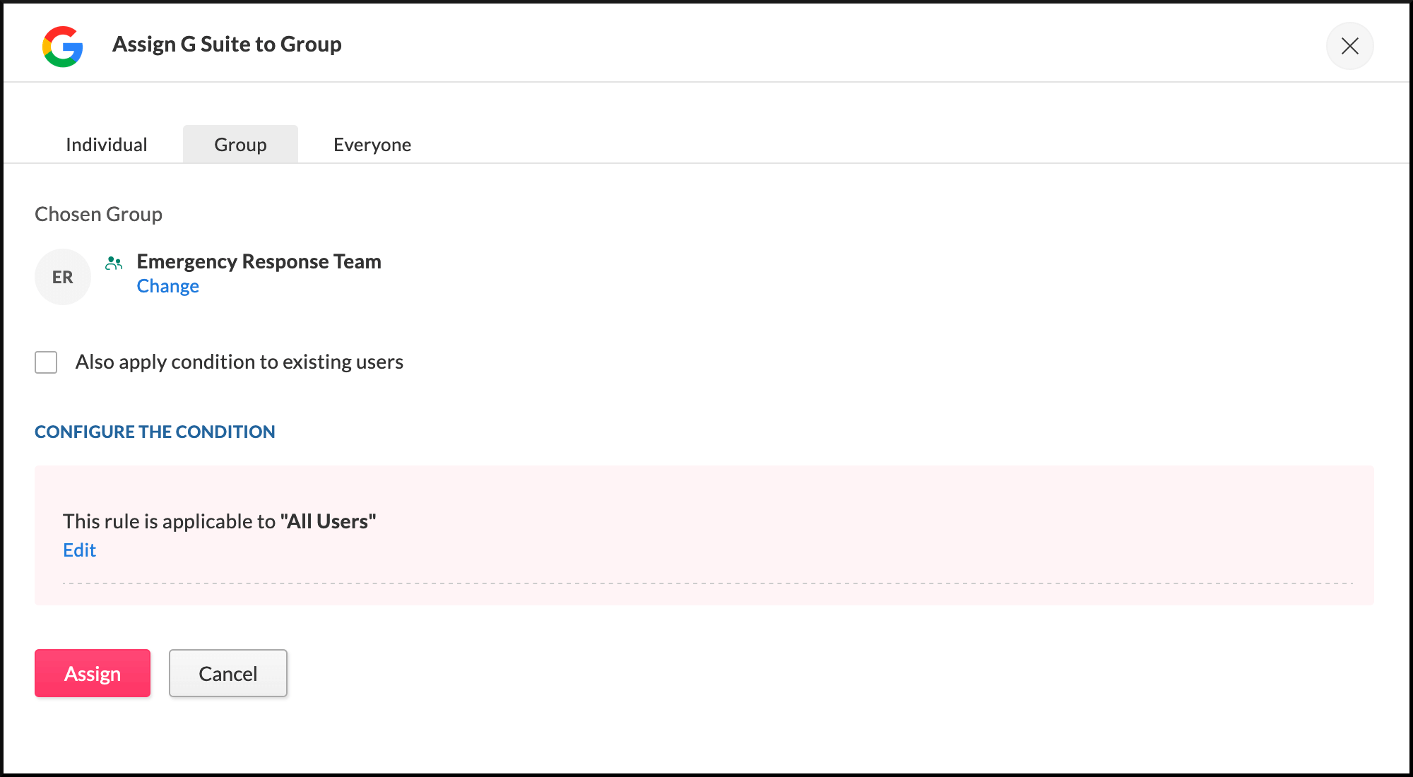 the assign-to-group screen