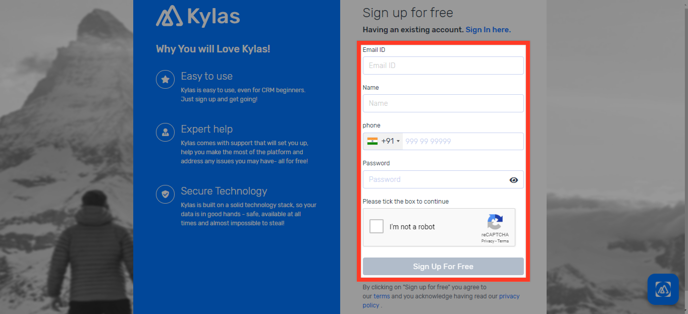 Kylas sign up form
