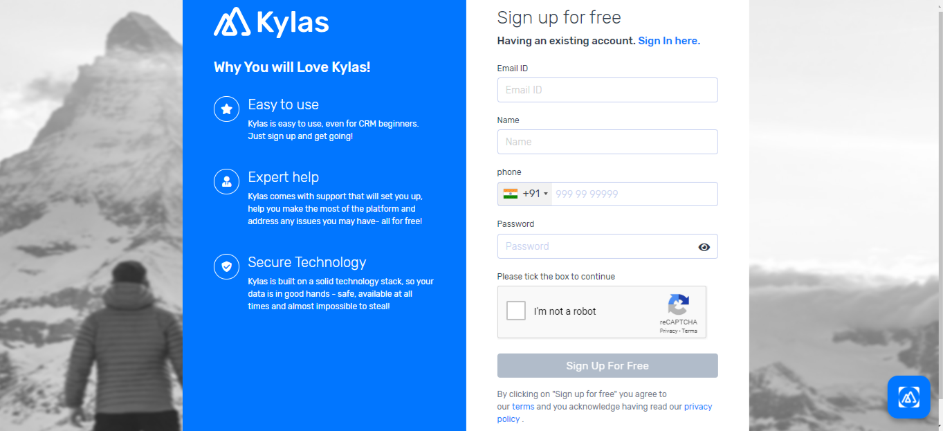 Kylas Signup Page