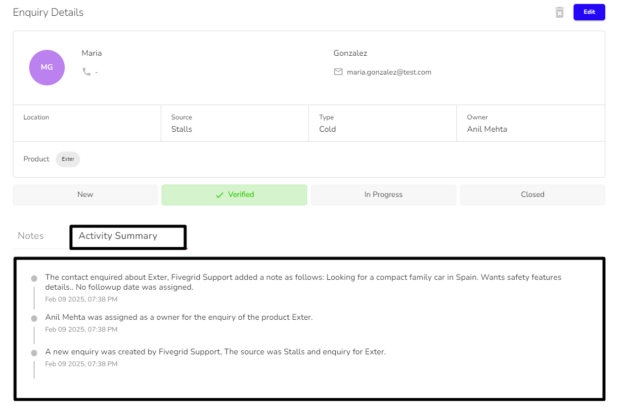 View Lead Interactions in Fivegrid