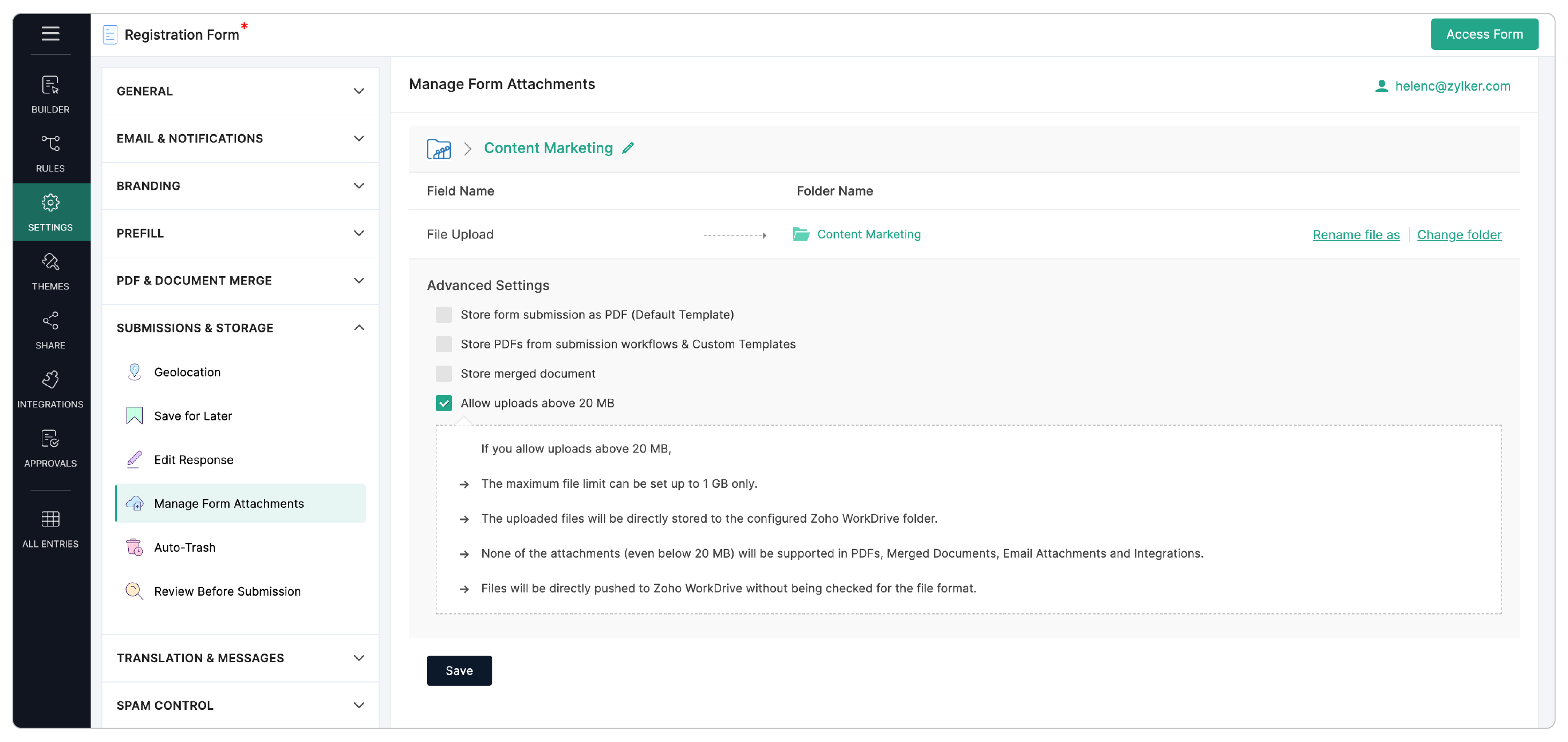 Zoho WorkDrive- Manage Form Attachments