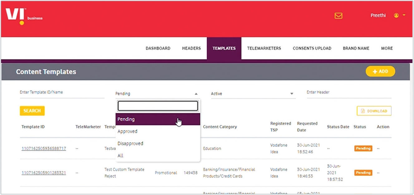 Vodafone Idea Content template status