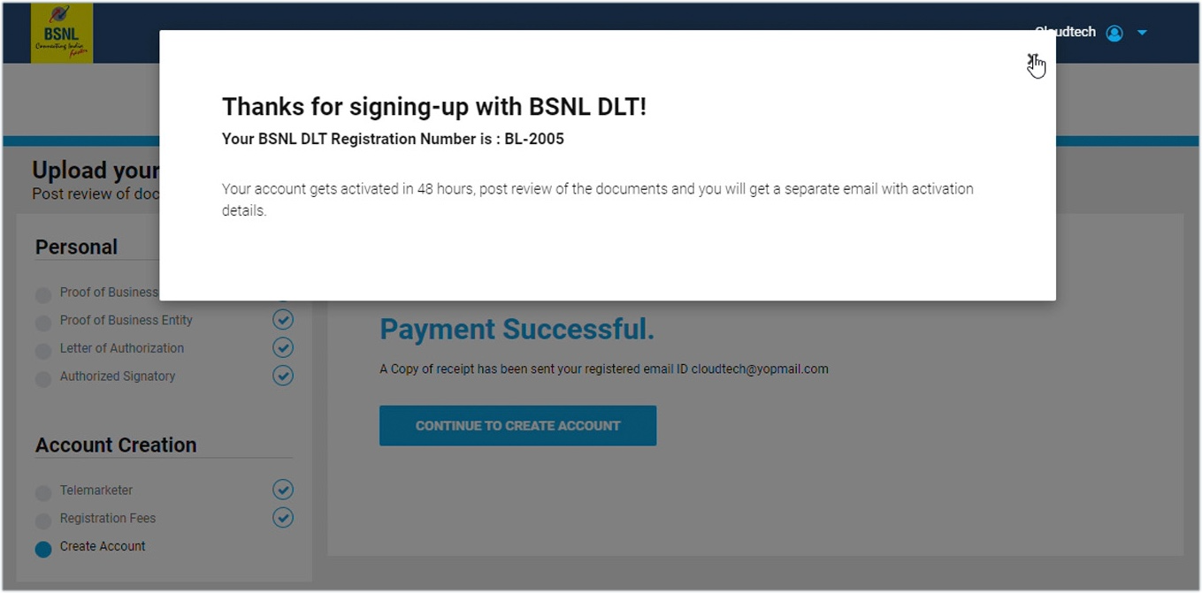 BSNL registration confirmation
