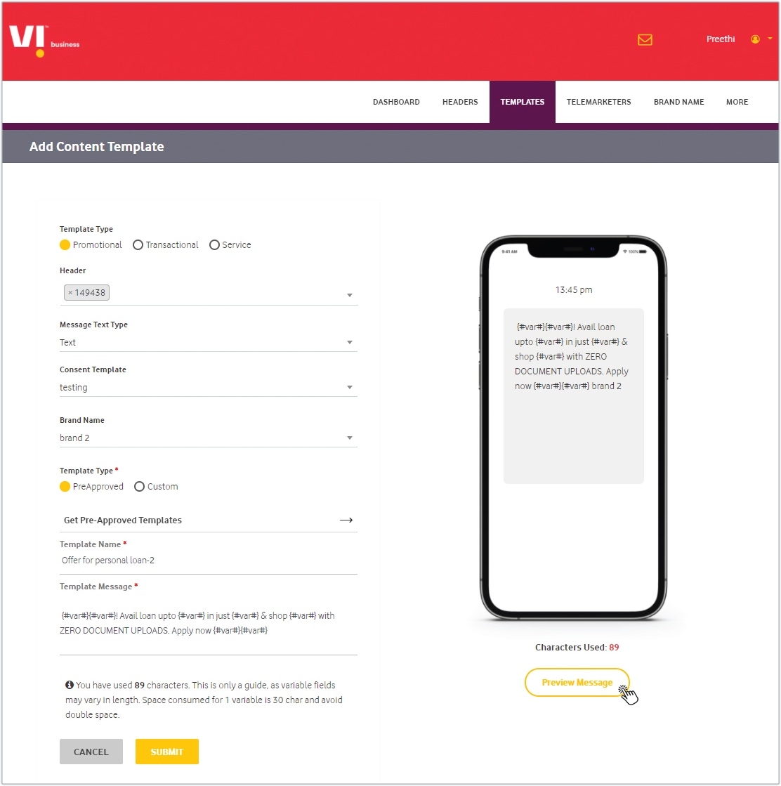 Vodafone Idea pre-approved Content template