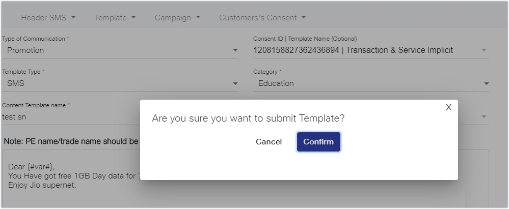 Jio Content template confirmation