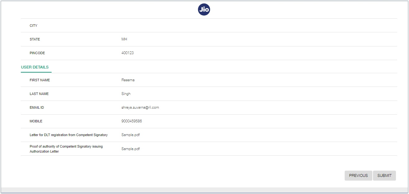 Jio entity verification and submission