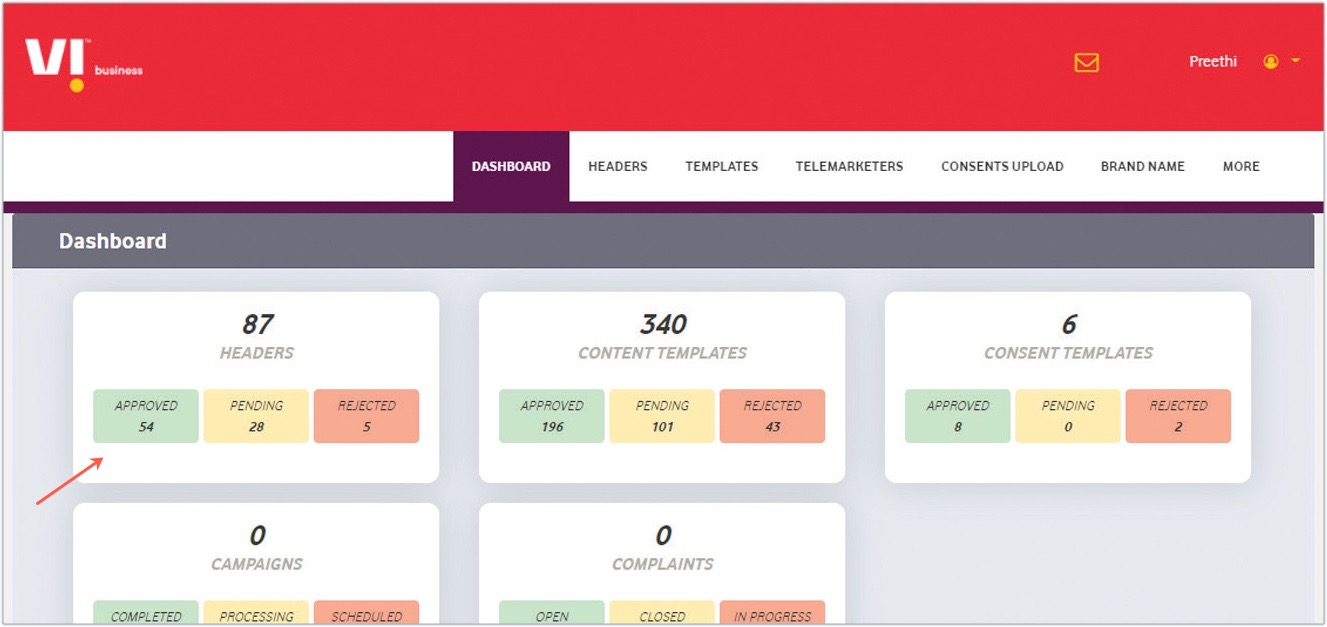 Vodafone Idea DLT portal dashboard