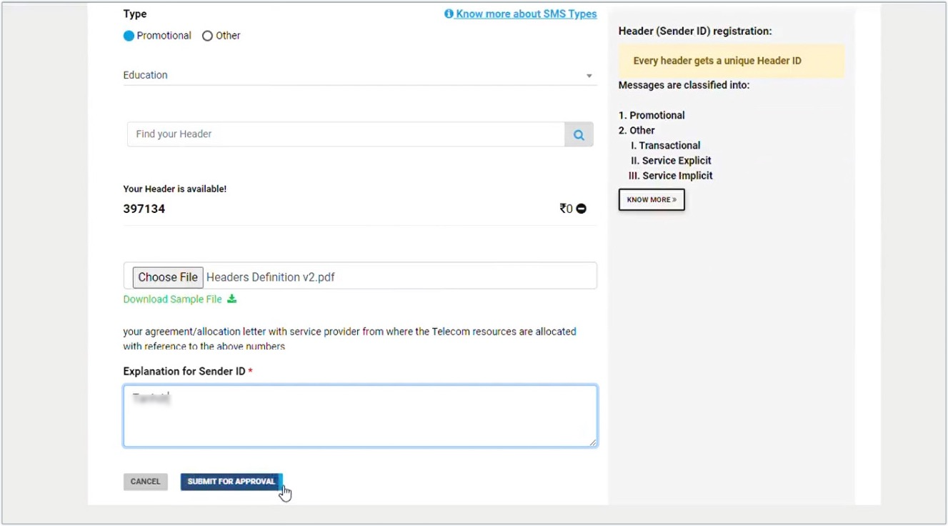 BSNL header registration form