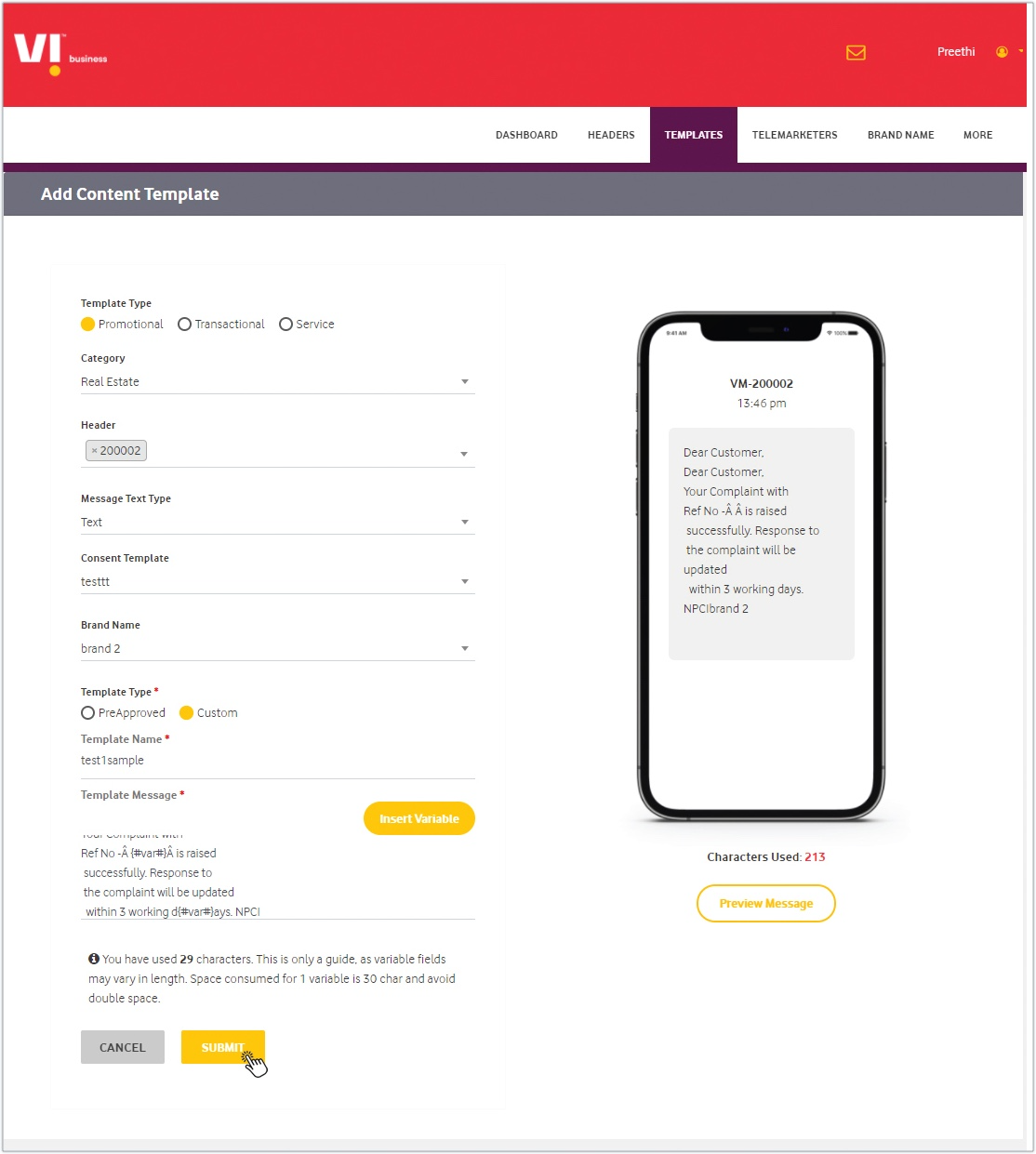 Vodafone Idea custom content template