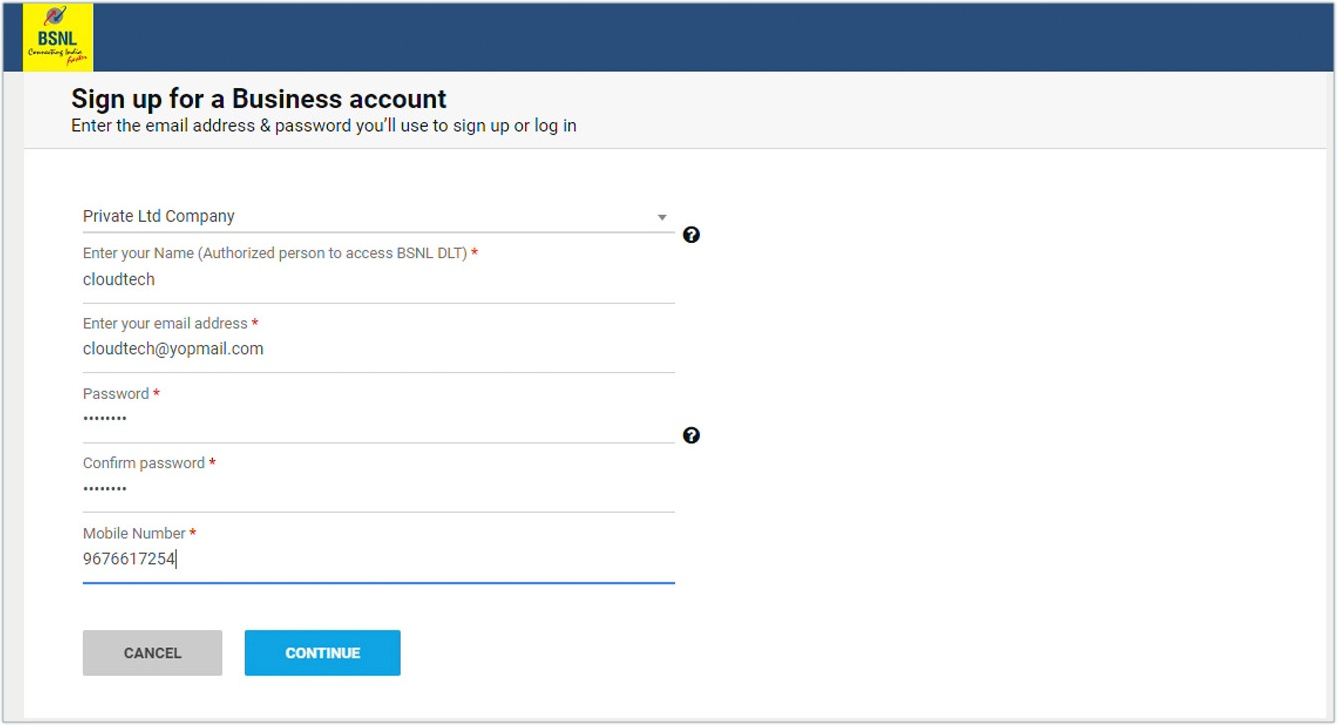 BSNL business account setup