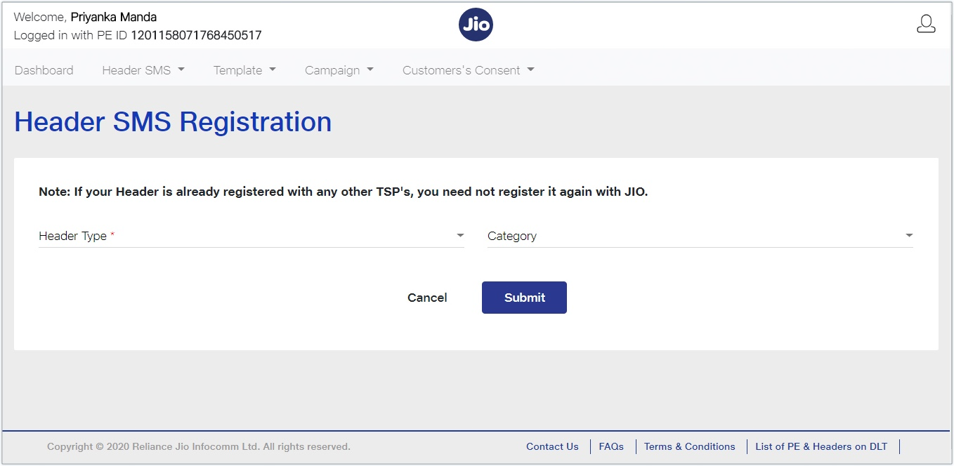 Jio Header Registration