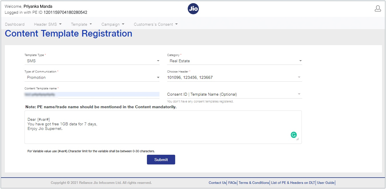 Jio Content template registration form