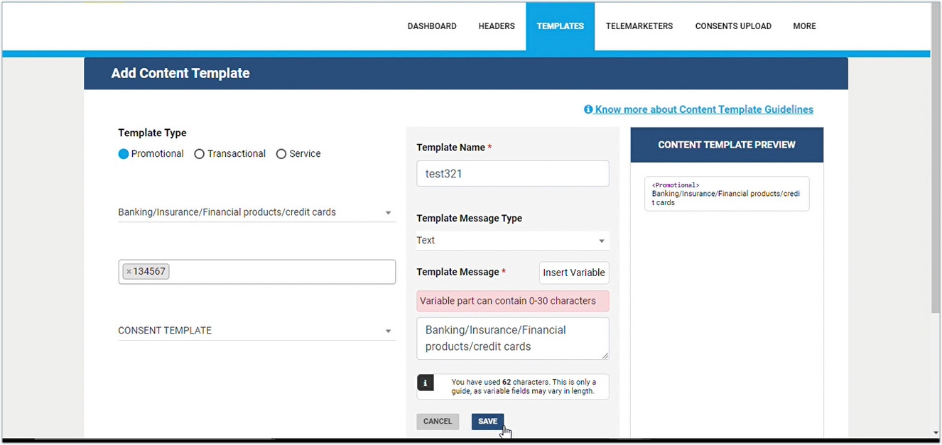 BSNL Content template form
