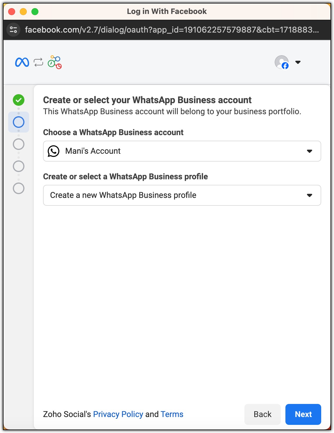 Select or create a WhatsApp Business account