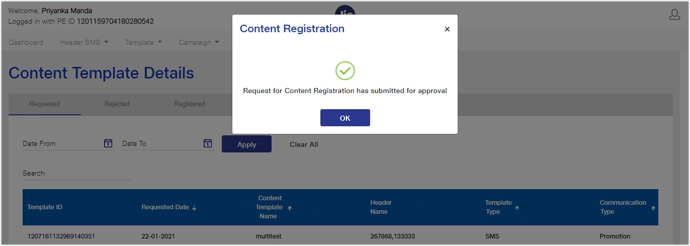 Jio Content template acknowledgement