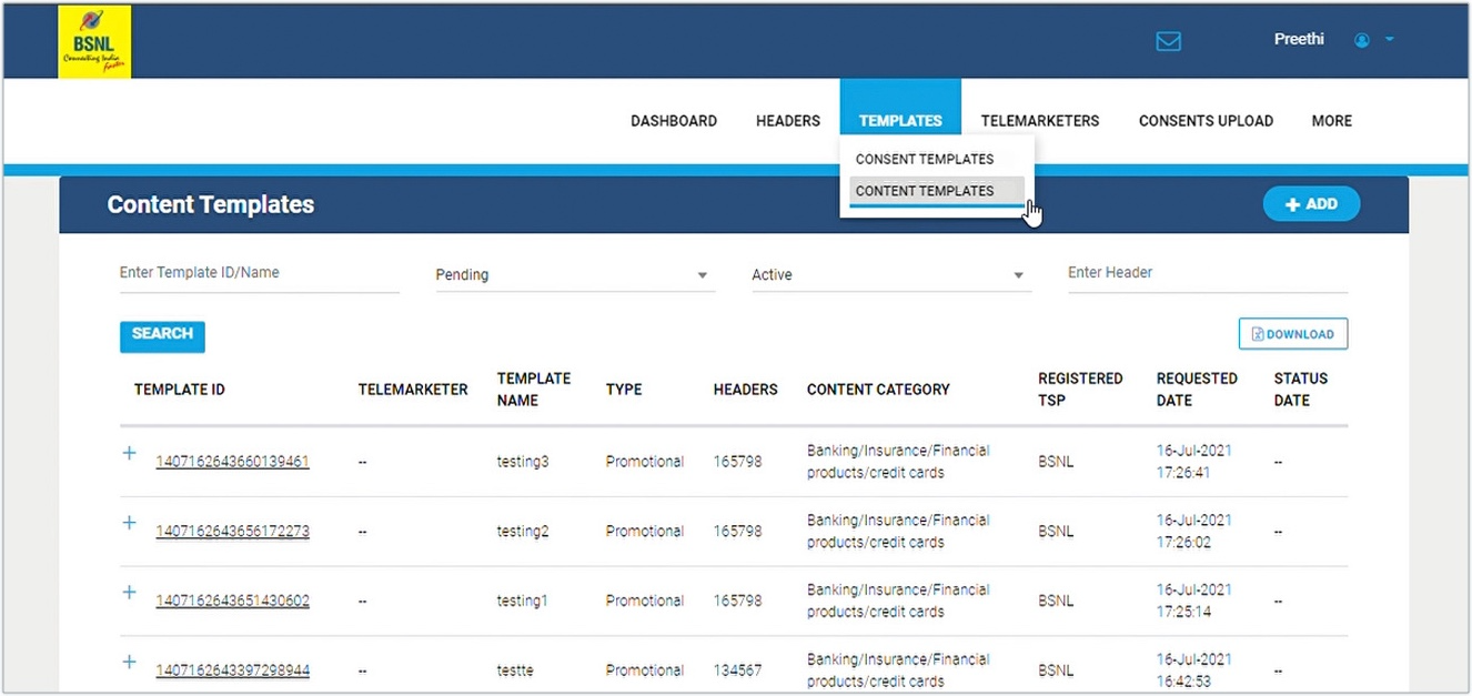 BSNL Content template menu
