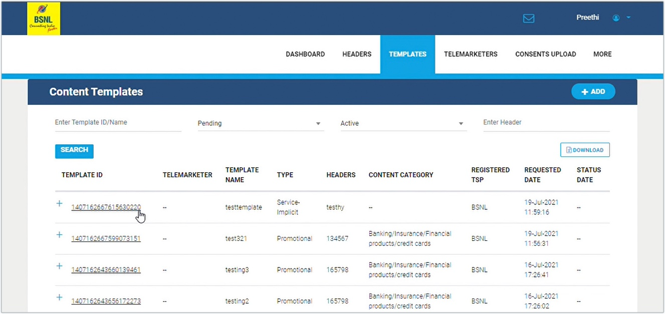 BSNL Content template dashboard