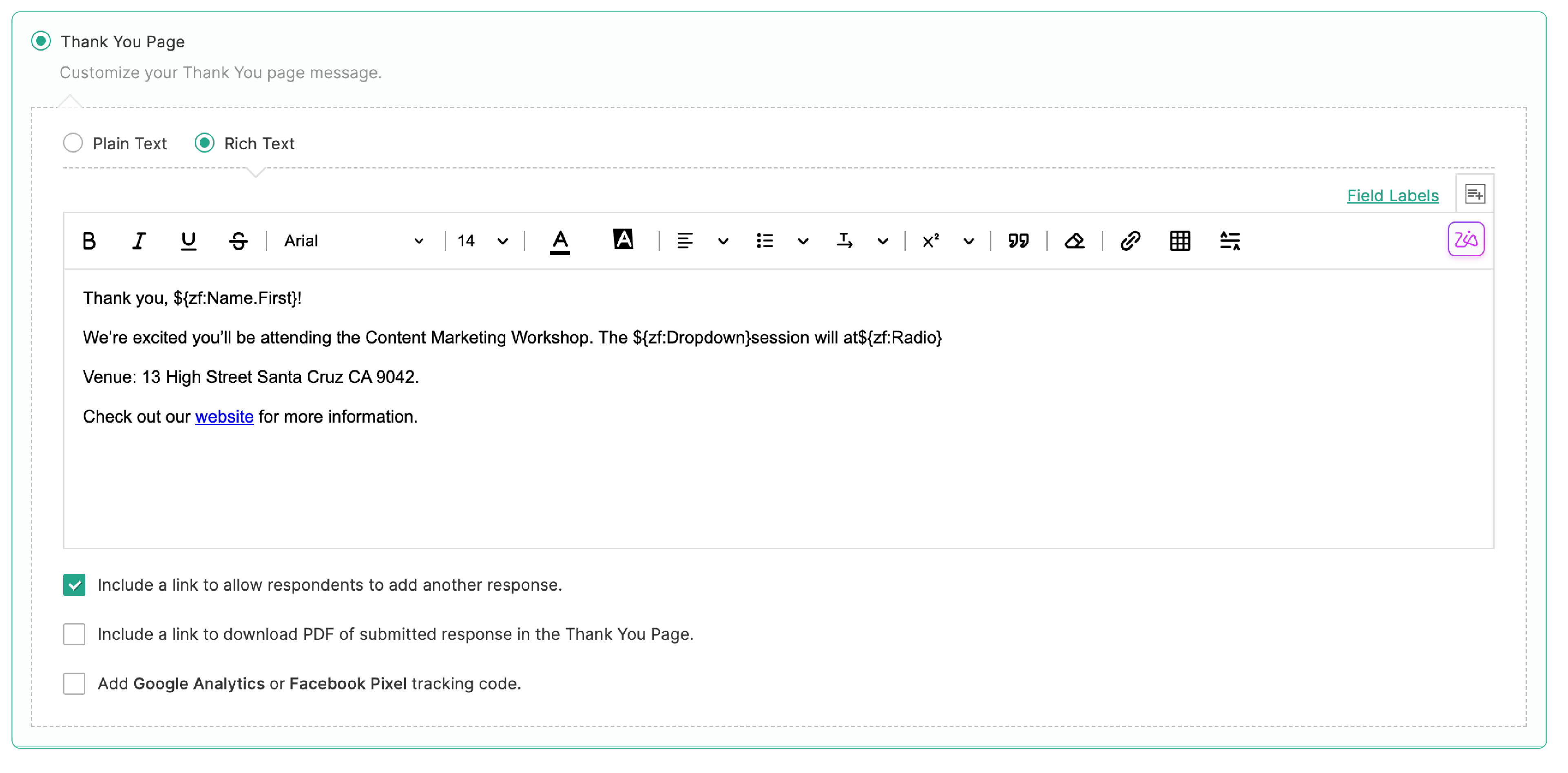 Thank You Page message - Rich Text