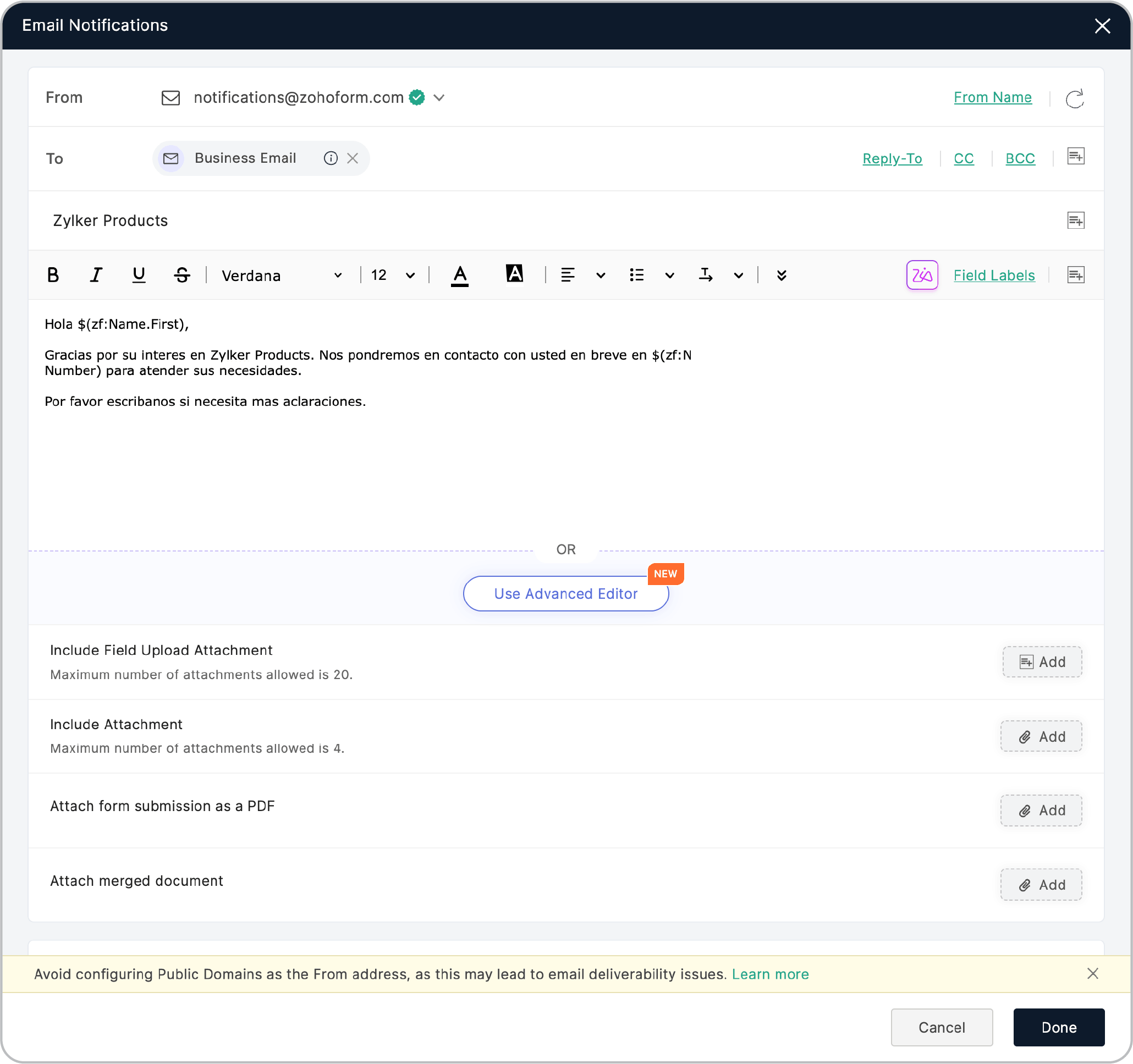 Configure email content in the desired language