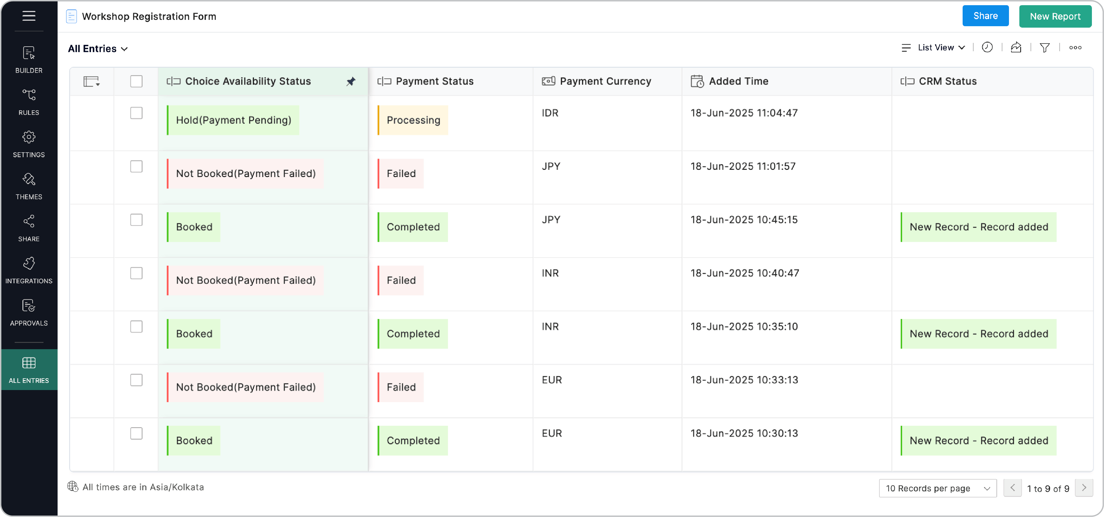 choice availability status and the payment status in the All Entries