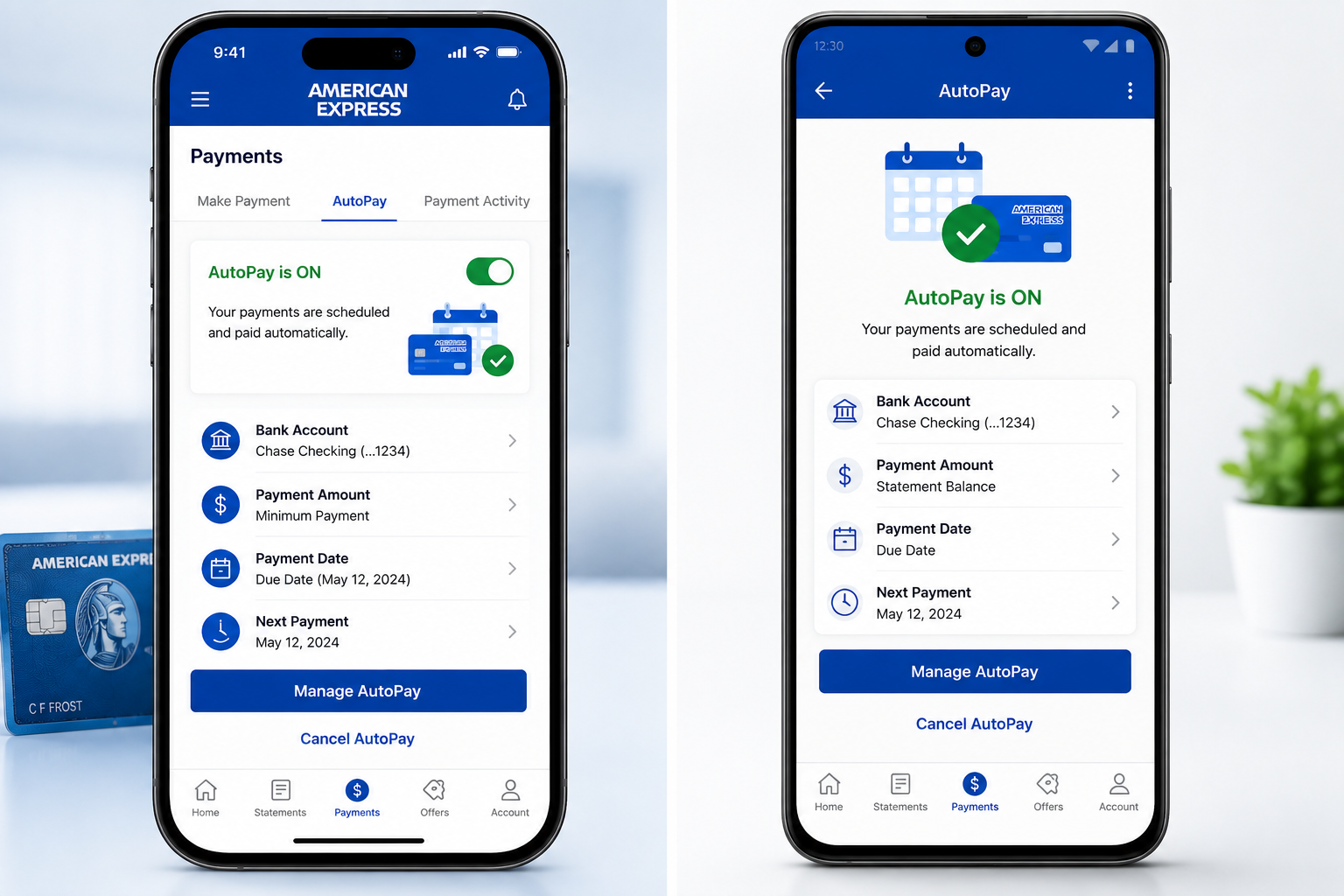 American Express AutoPay mobile app payment settings