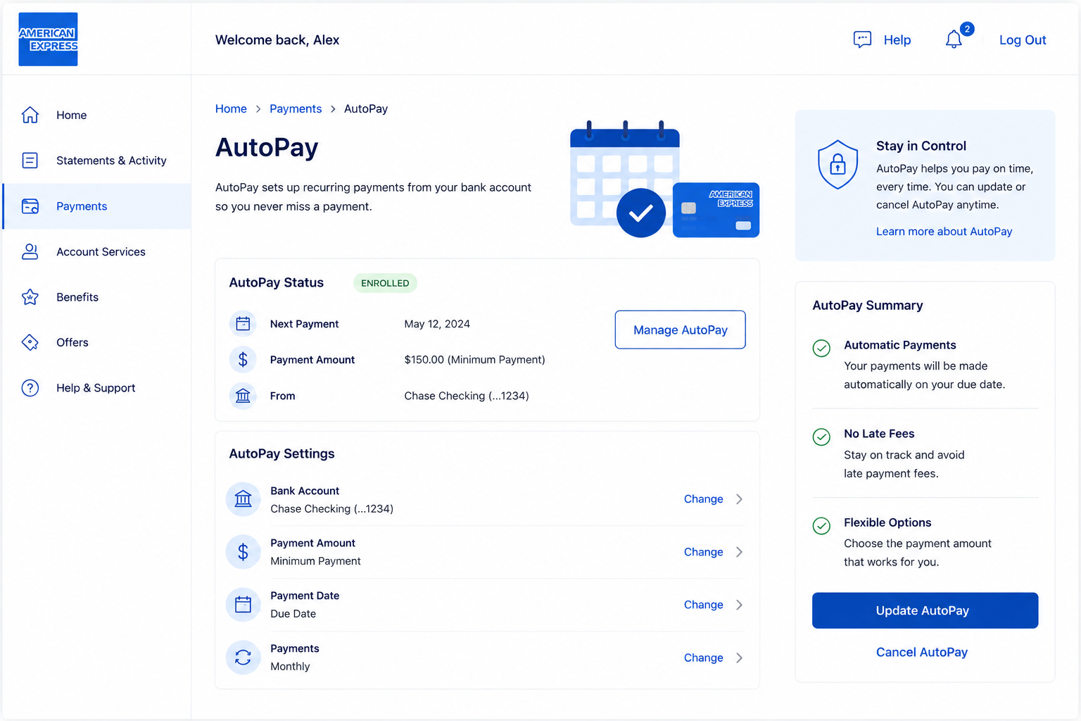 American Express AutoPay online payment dashboard