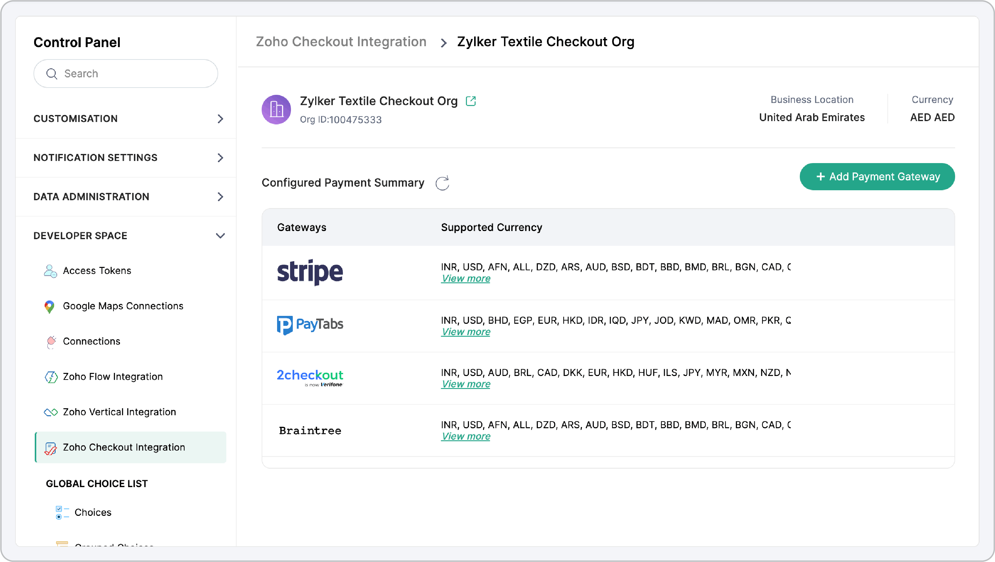 Configured payment gateways