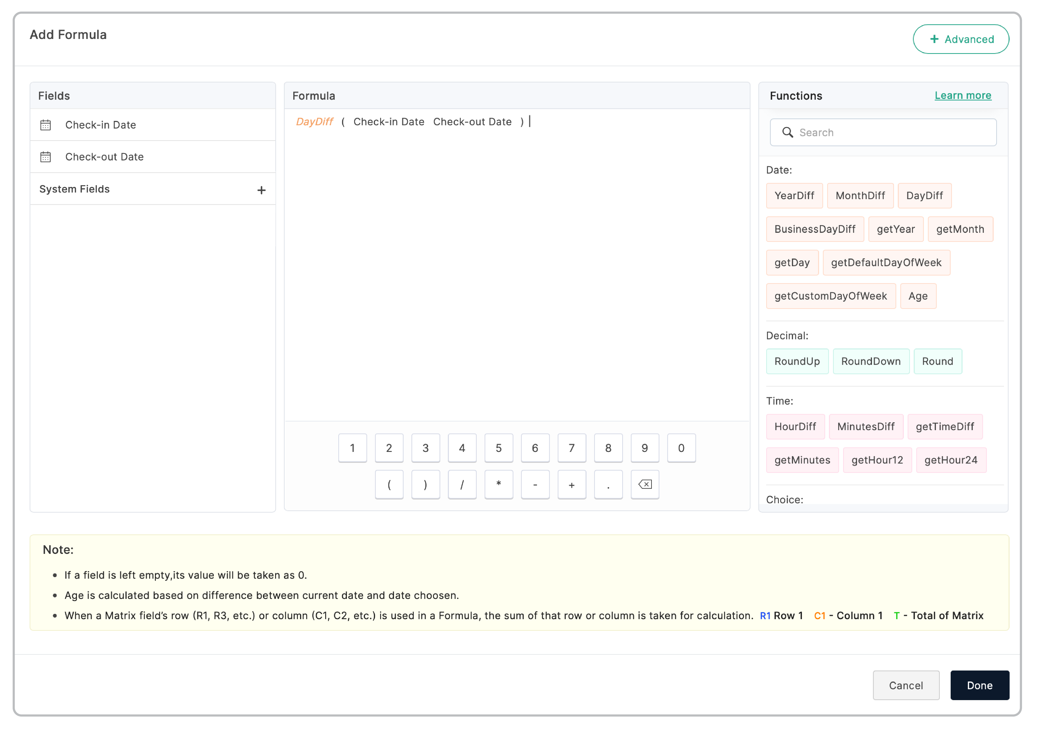 Using functions in Formula field