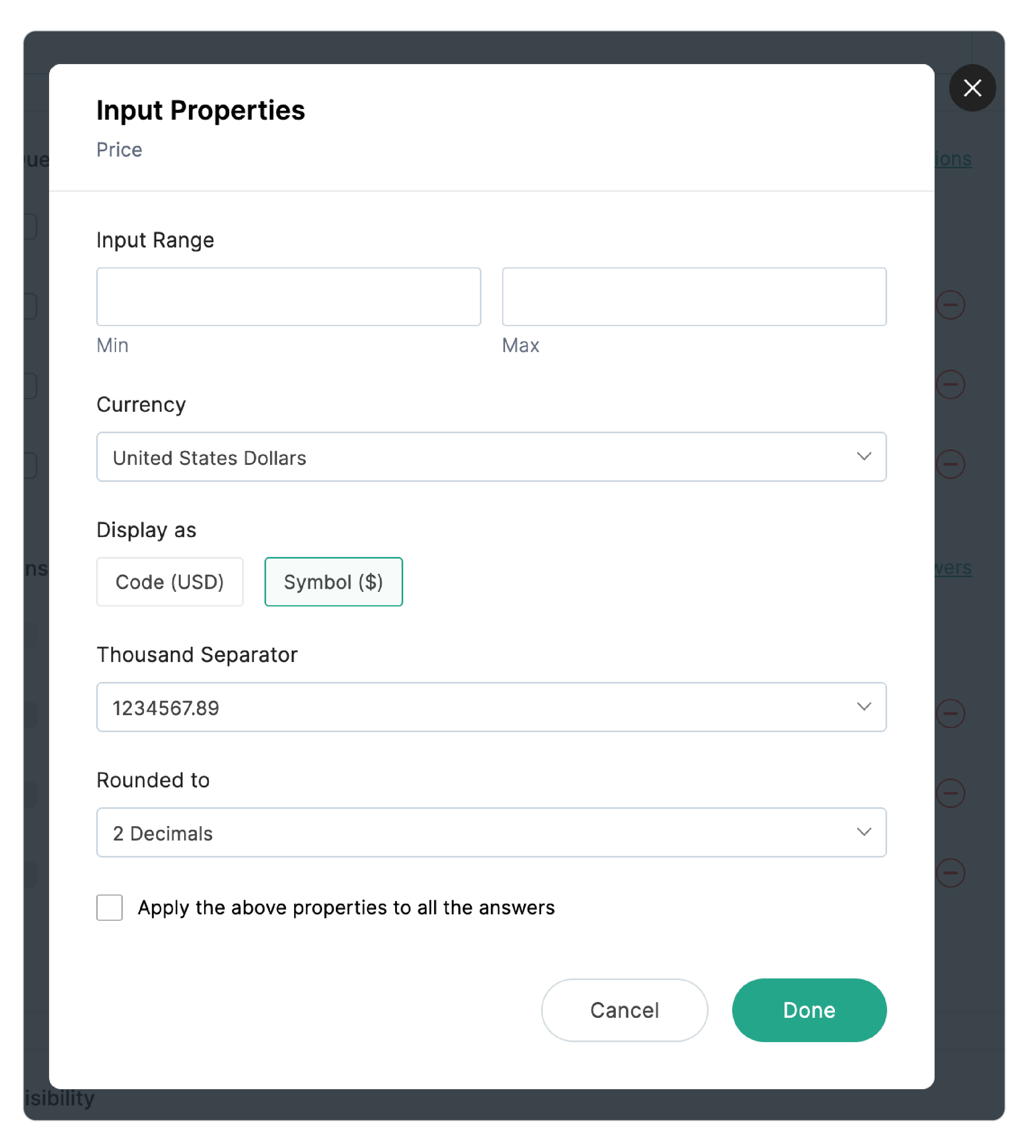 Currency type input properties