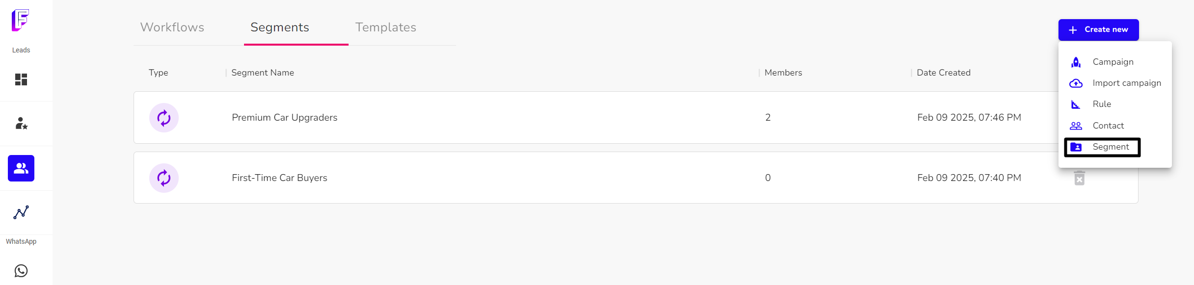 Add leads to segment in Fivegrid