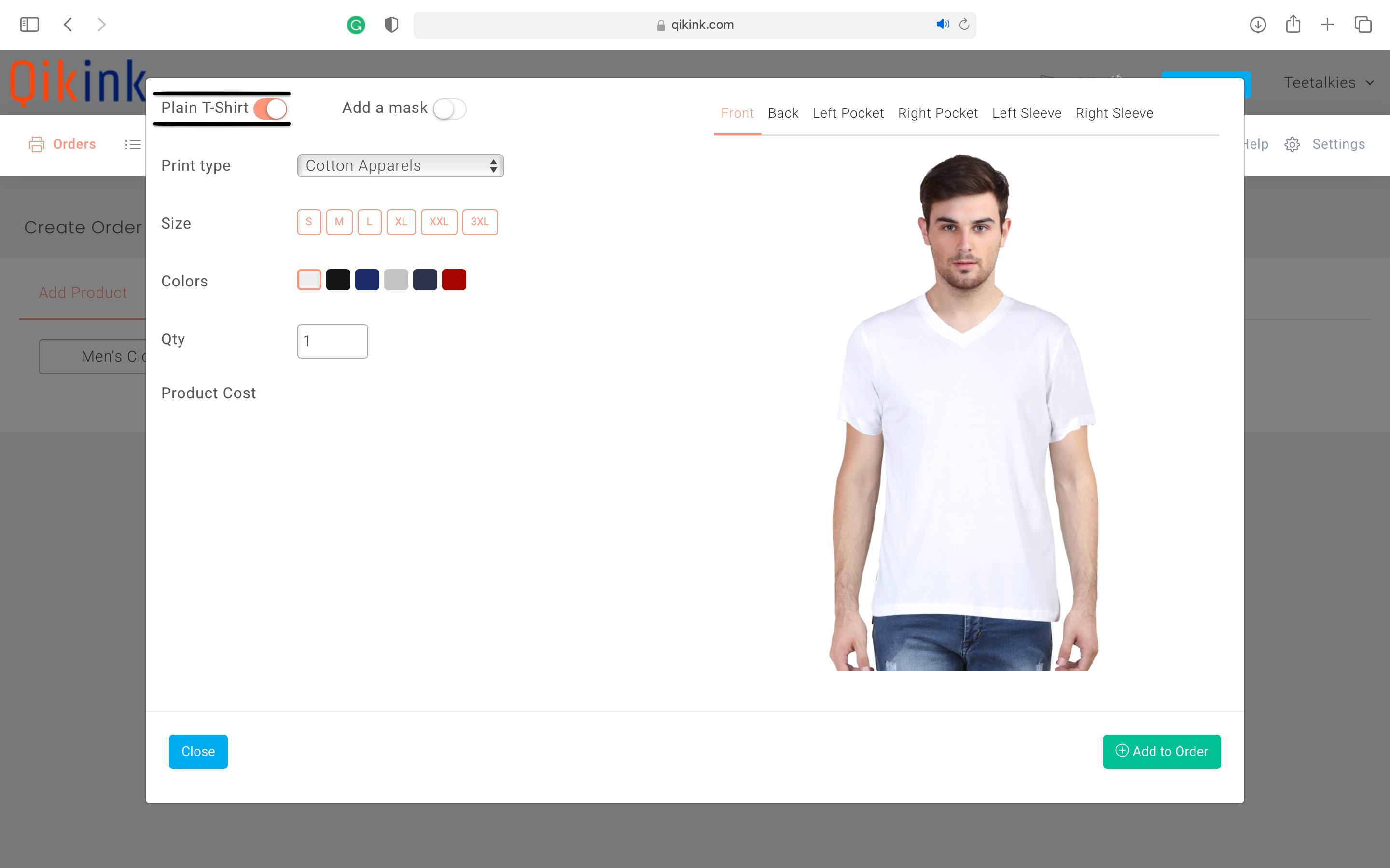 plain t-shirt option highlighted and clicked in the order creation tab from qikink dashboard