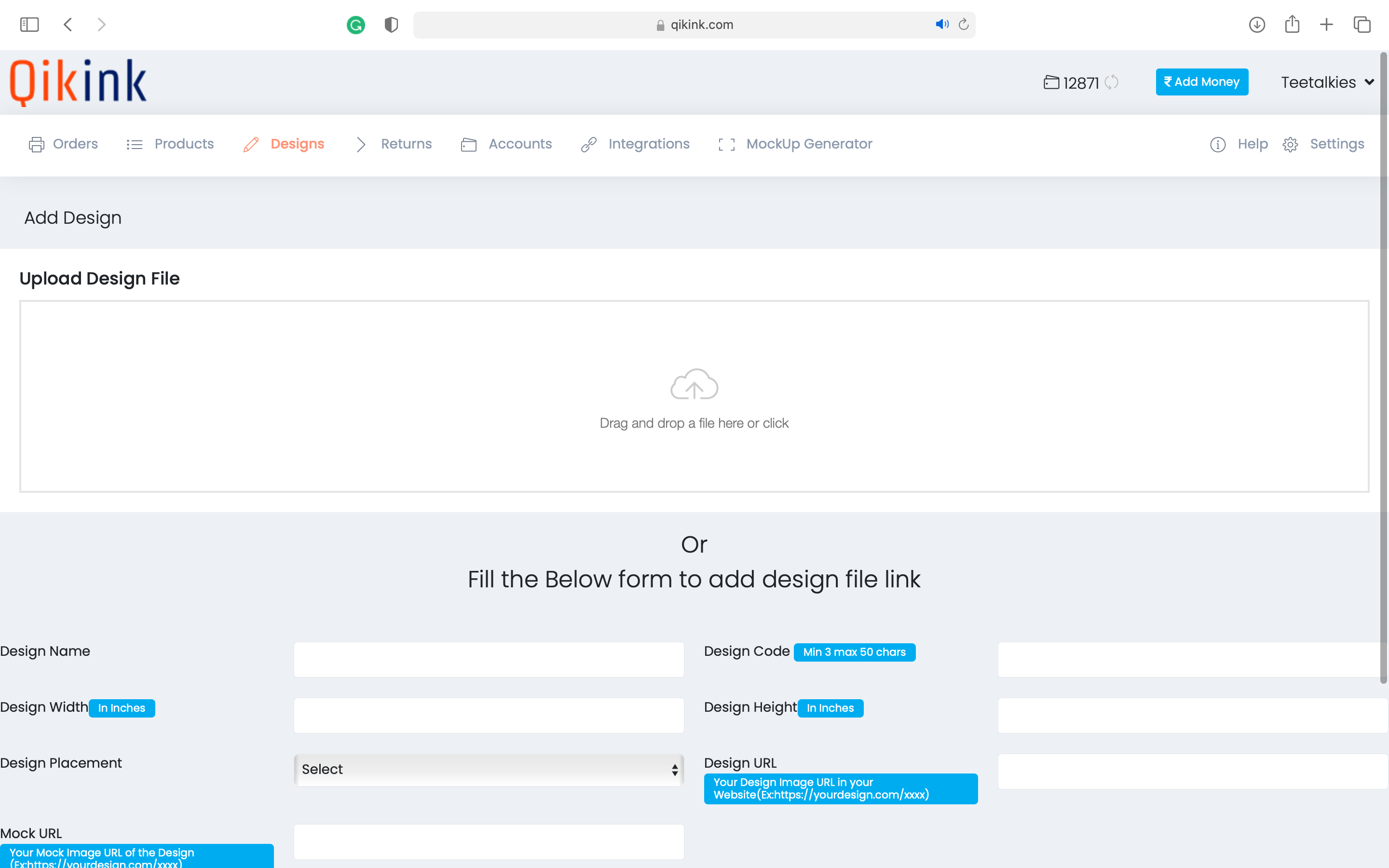 tab for upload design into the qikink dashboard by insert option